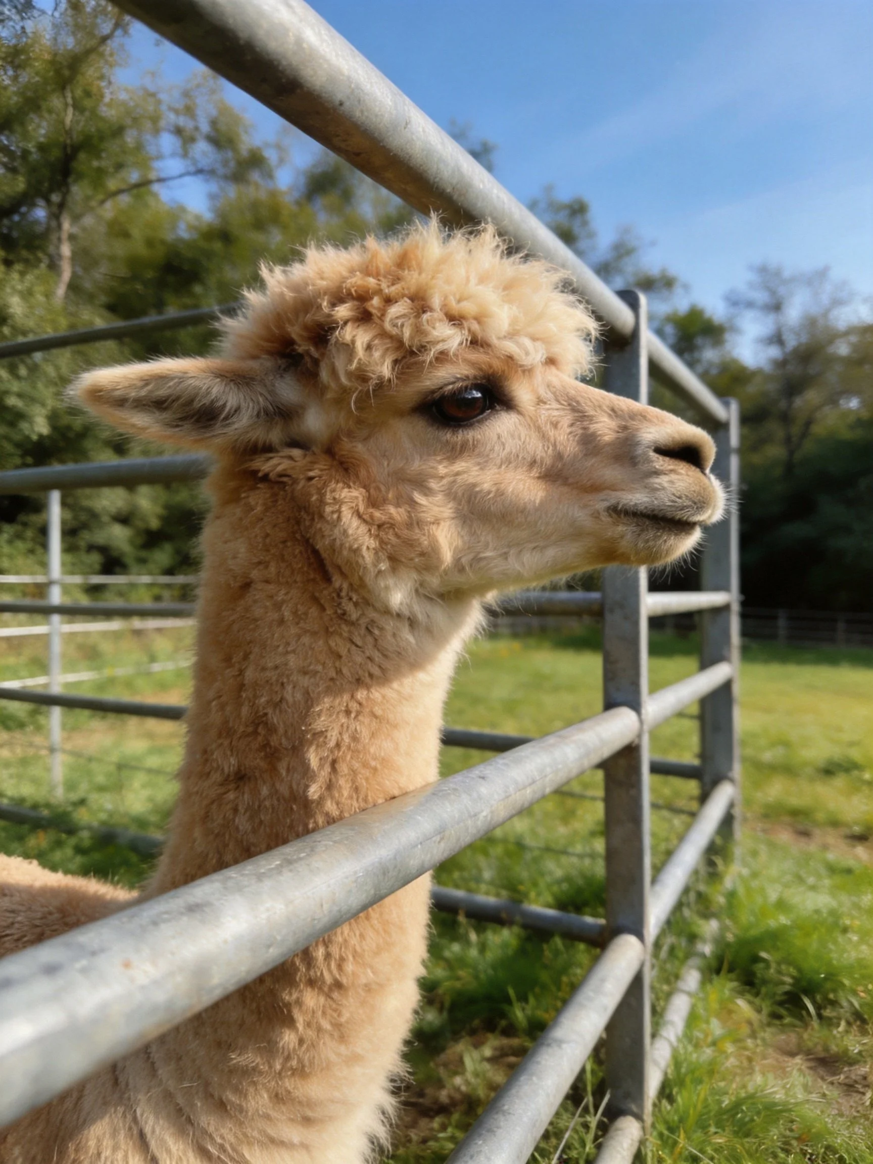 A light-brown alpaca near a metallic farm fence in a sunny field