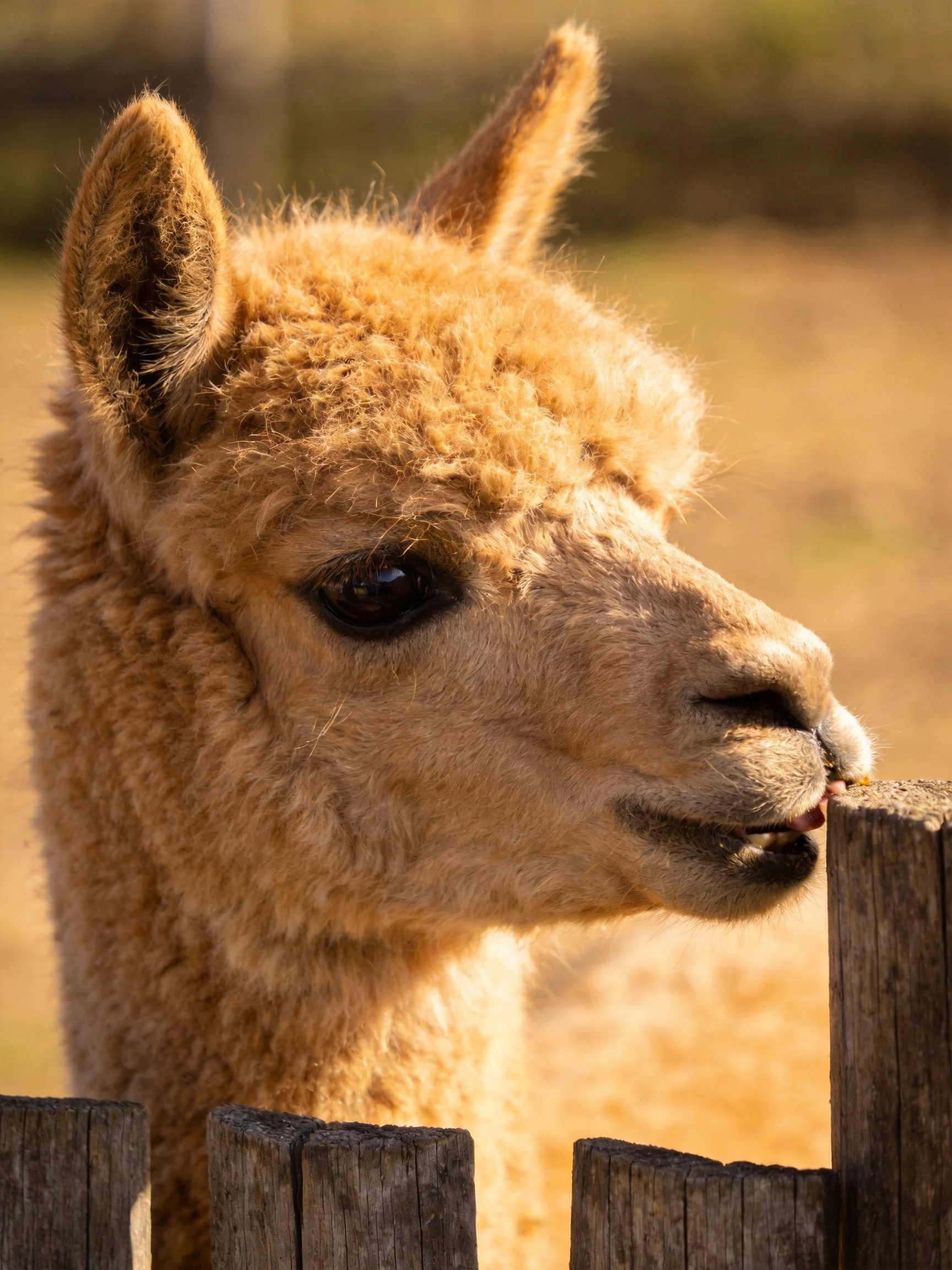 A light brown alpaca peeks over a weathered wooden fence