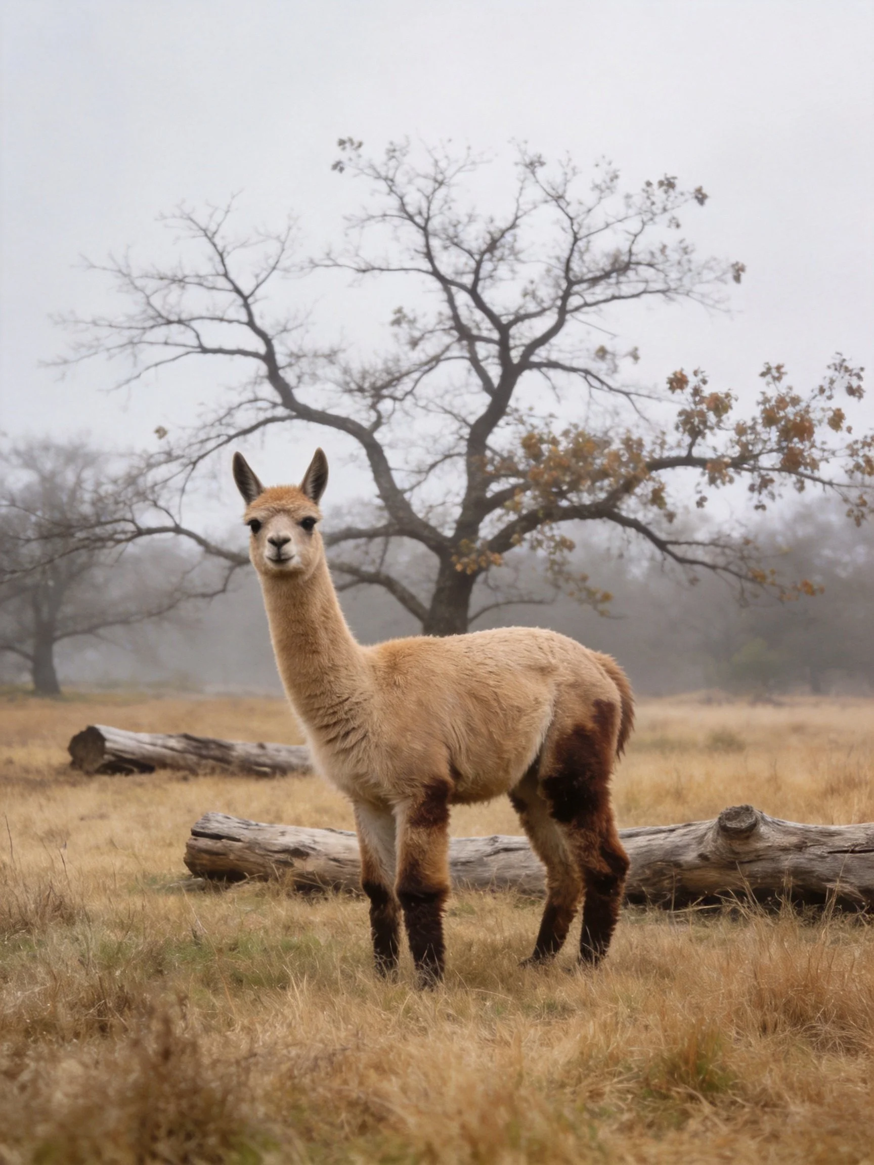 A light brown alpaca stands near fallen logs in a misty, golden field