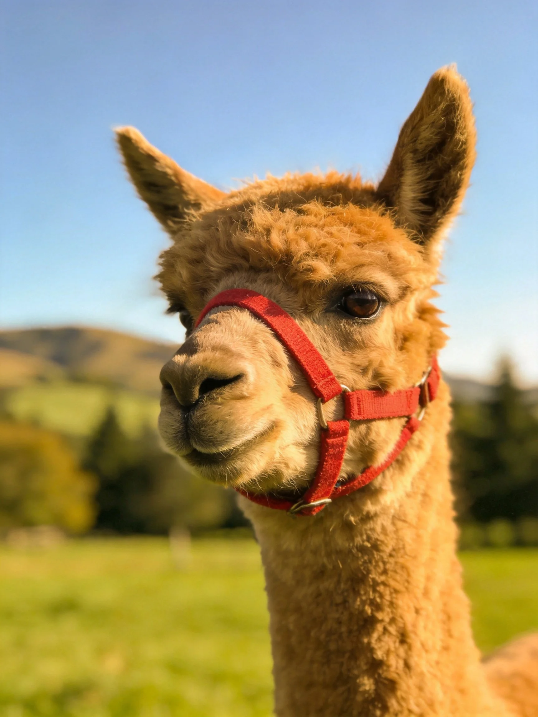 A light brown alpaca wearing a red halter in a sunny field