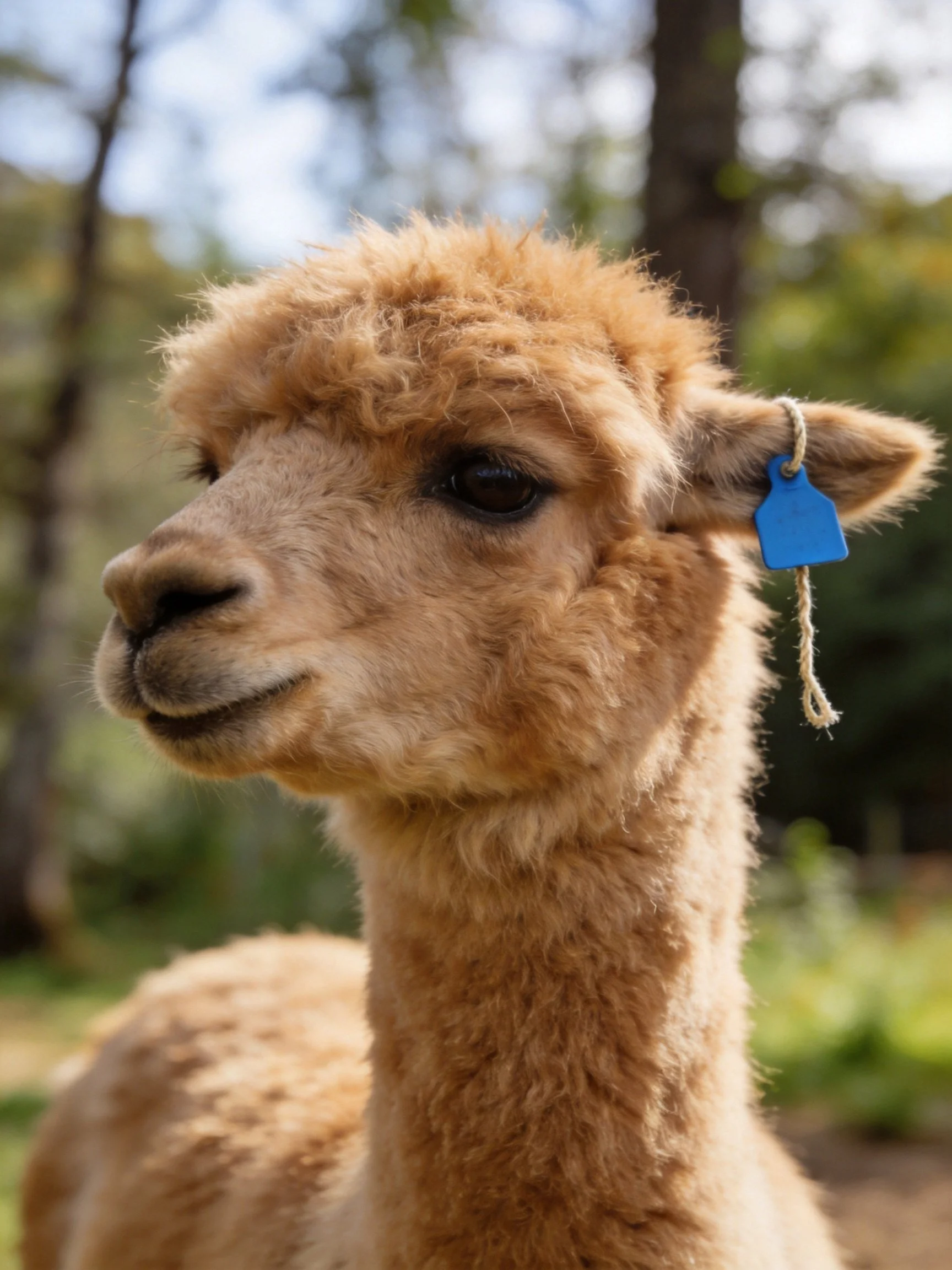 A light brown alpaca with a blue ear tag in a natural outdoor setting