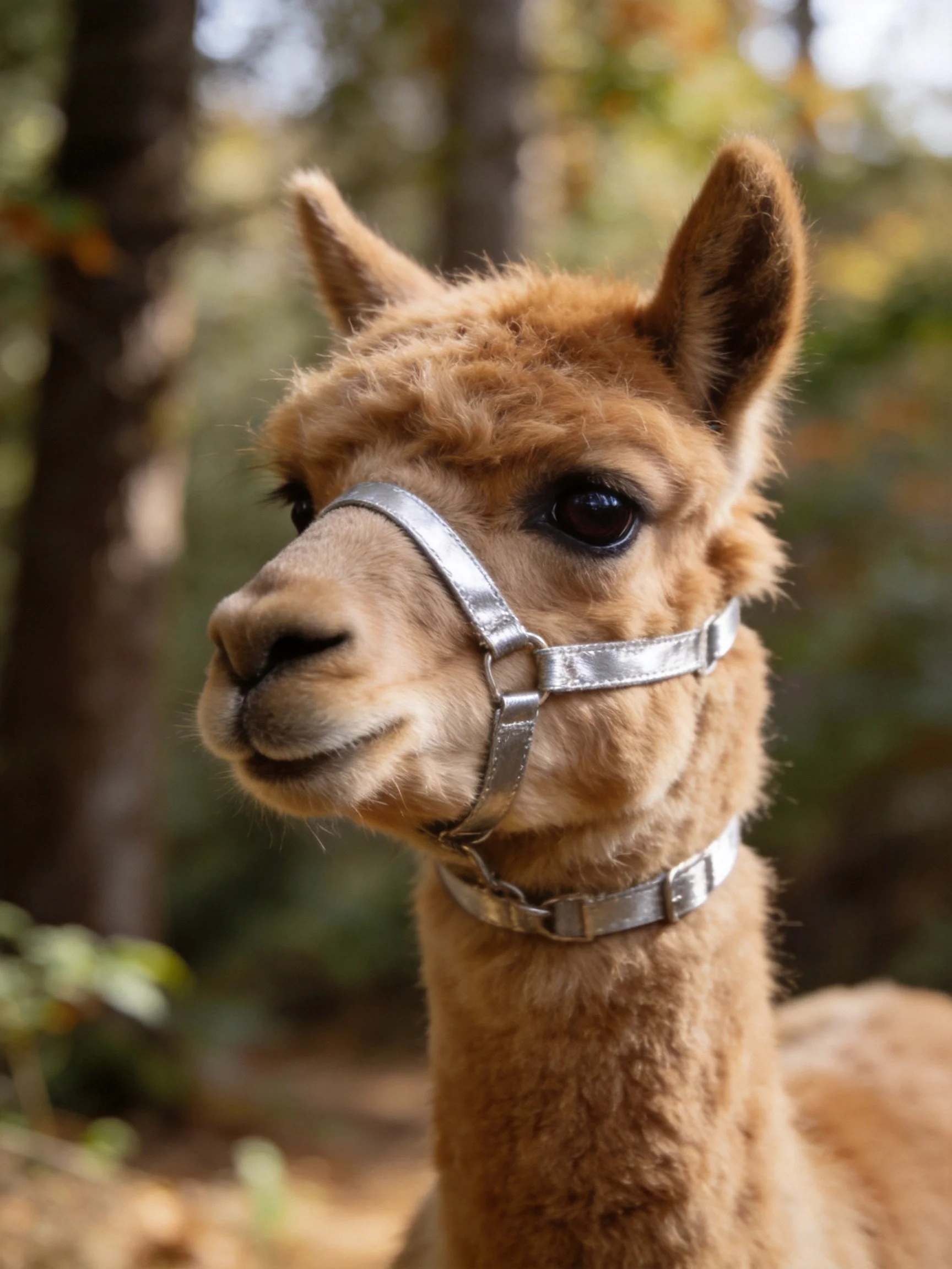 A light brown alpaca with silver gear in a forested setting