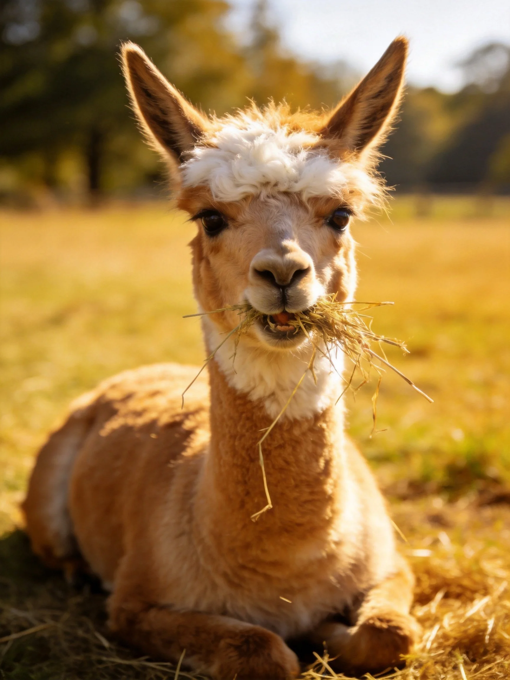 A light - brown alpaca with white markings rests on golden hay