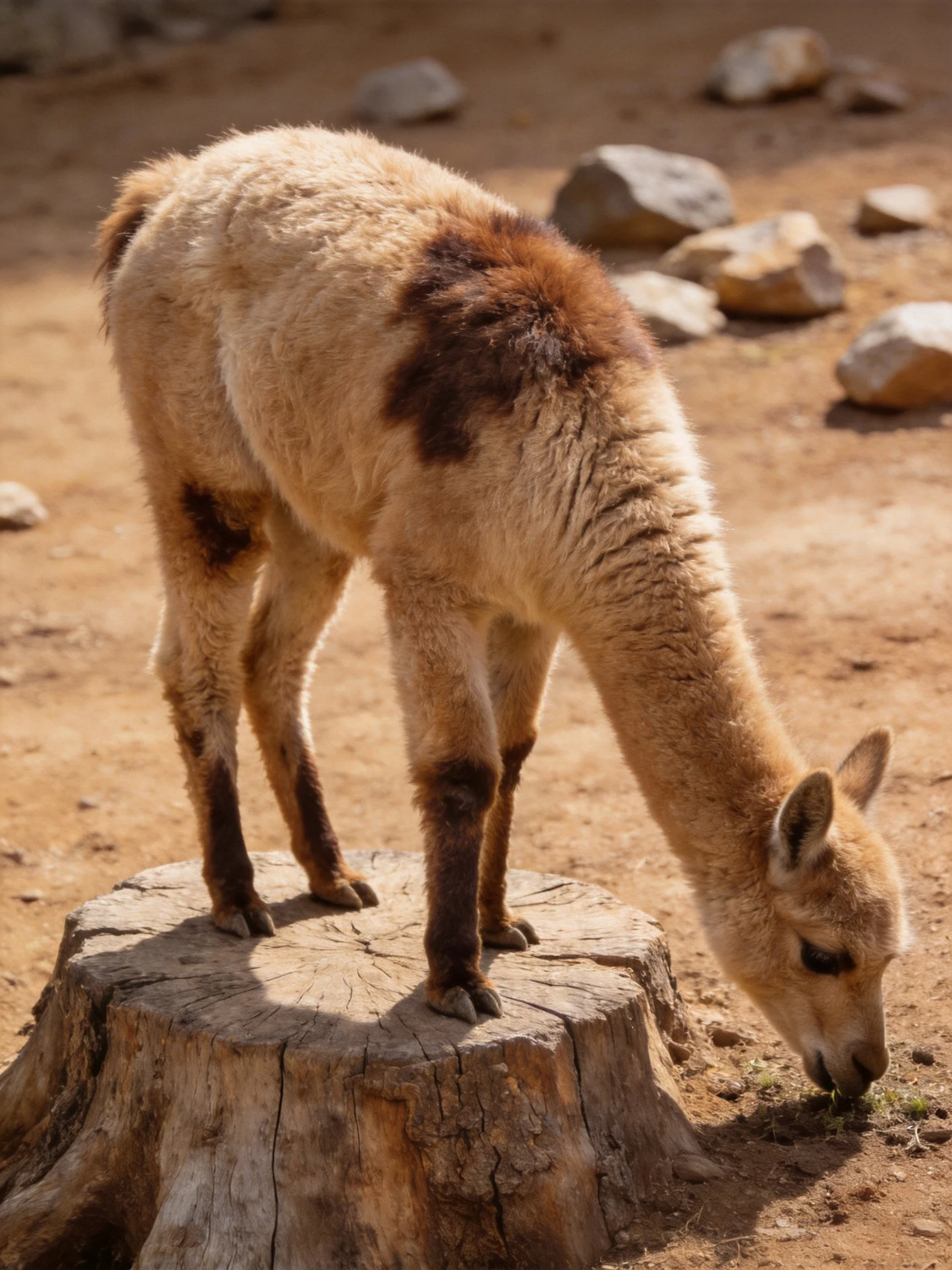A light brown baby llama stands on a weathered tree stump, grazing near rocks