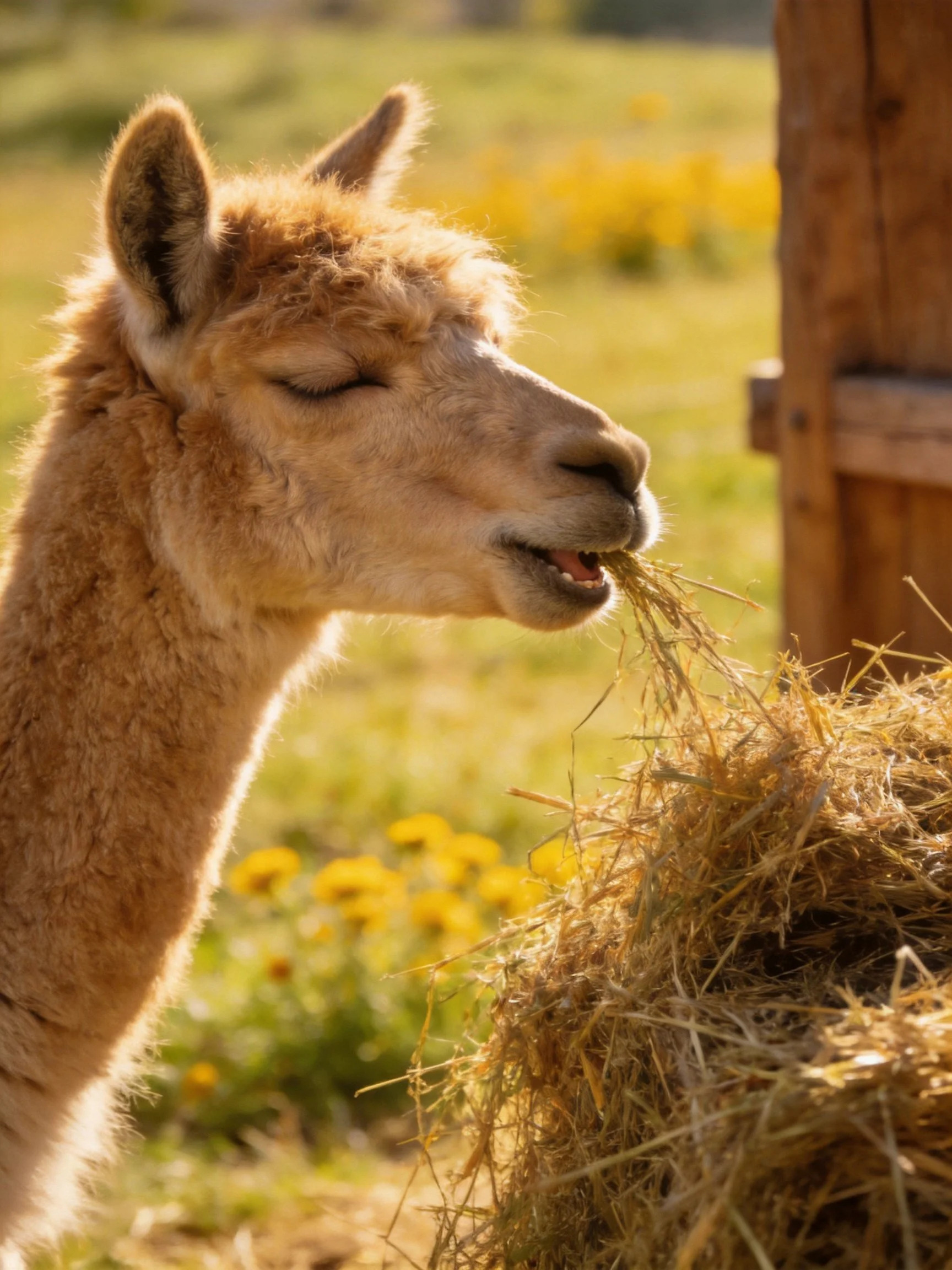 A light brown llama eats hay near yellow flowers and a wooden post