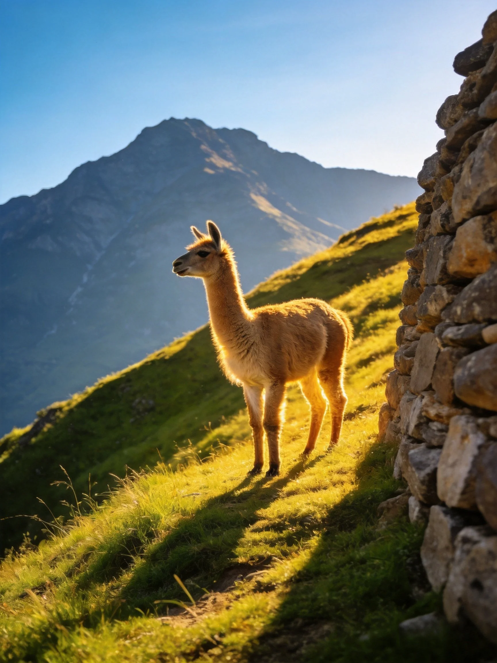 A light brown llama on a sunlit green hillside near ancient stone walls with distant mountains