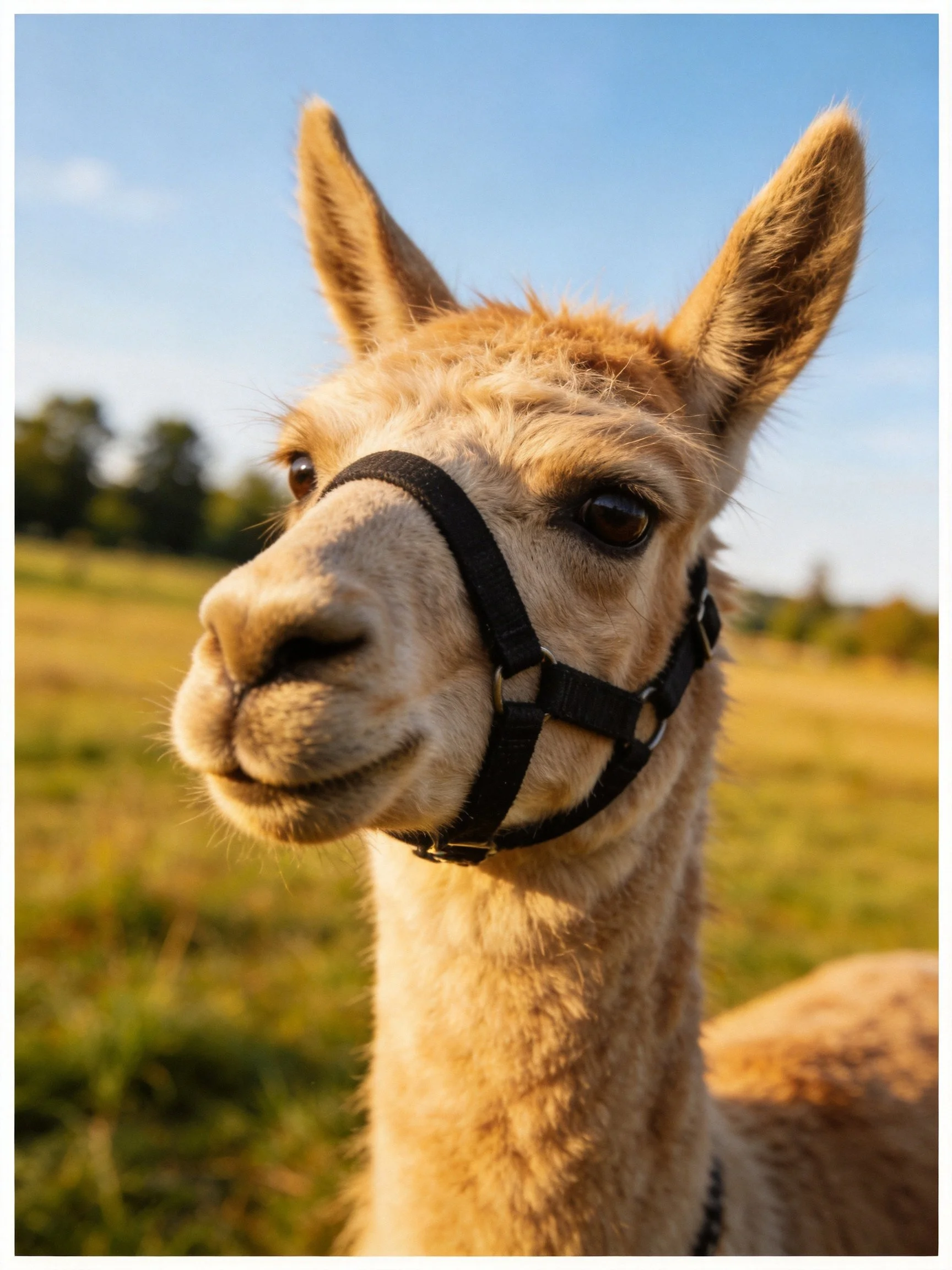 A light brown llama with a black halter in a sunlit open field