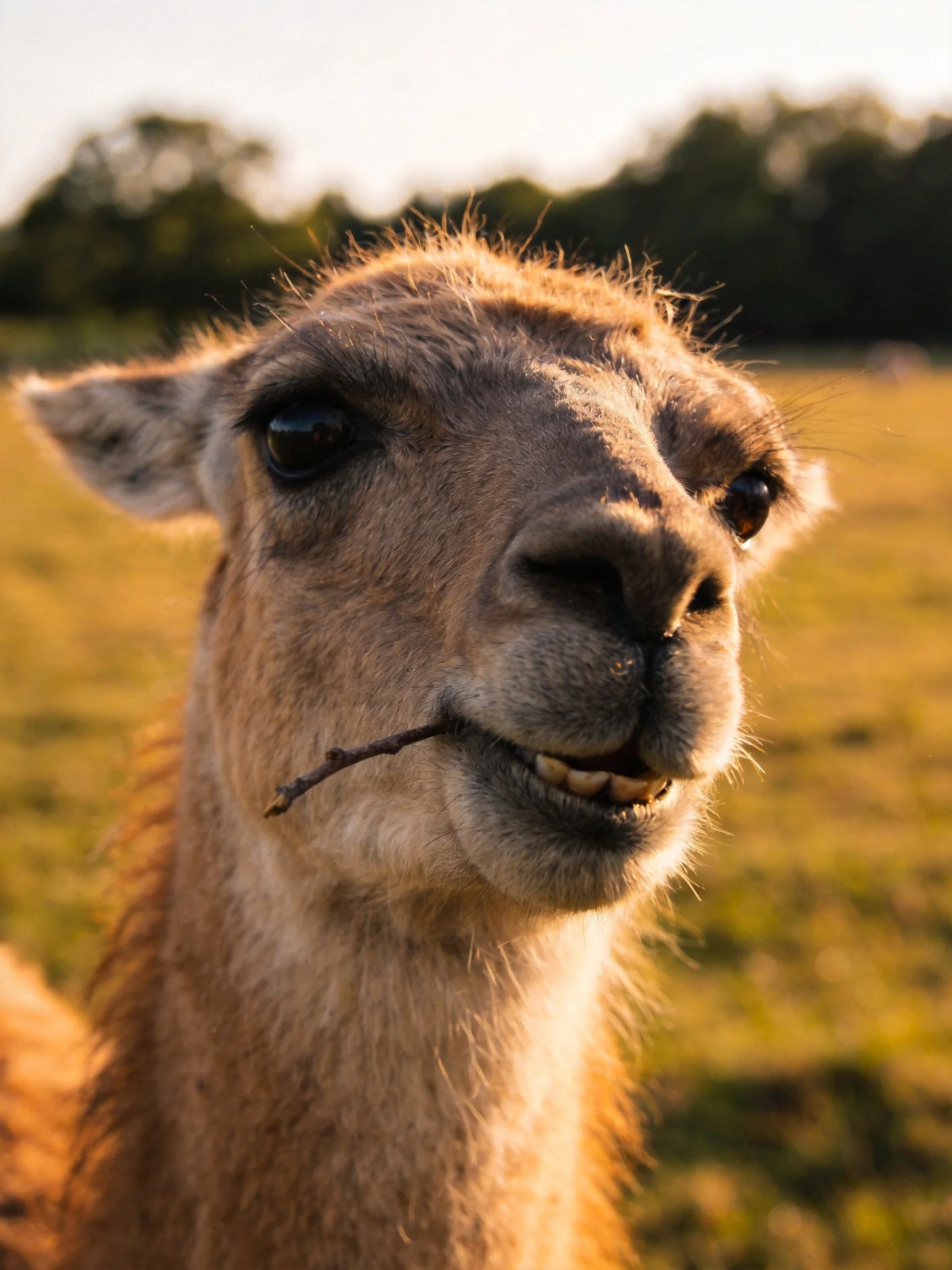 A light brown llama with a twig in its mouth on a golden field