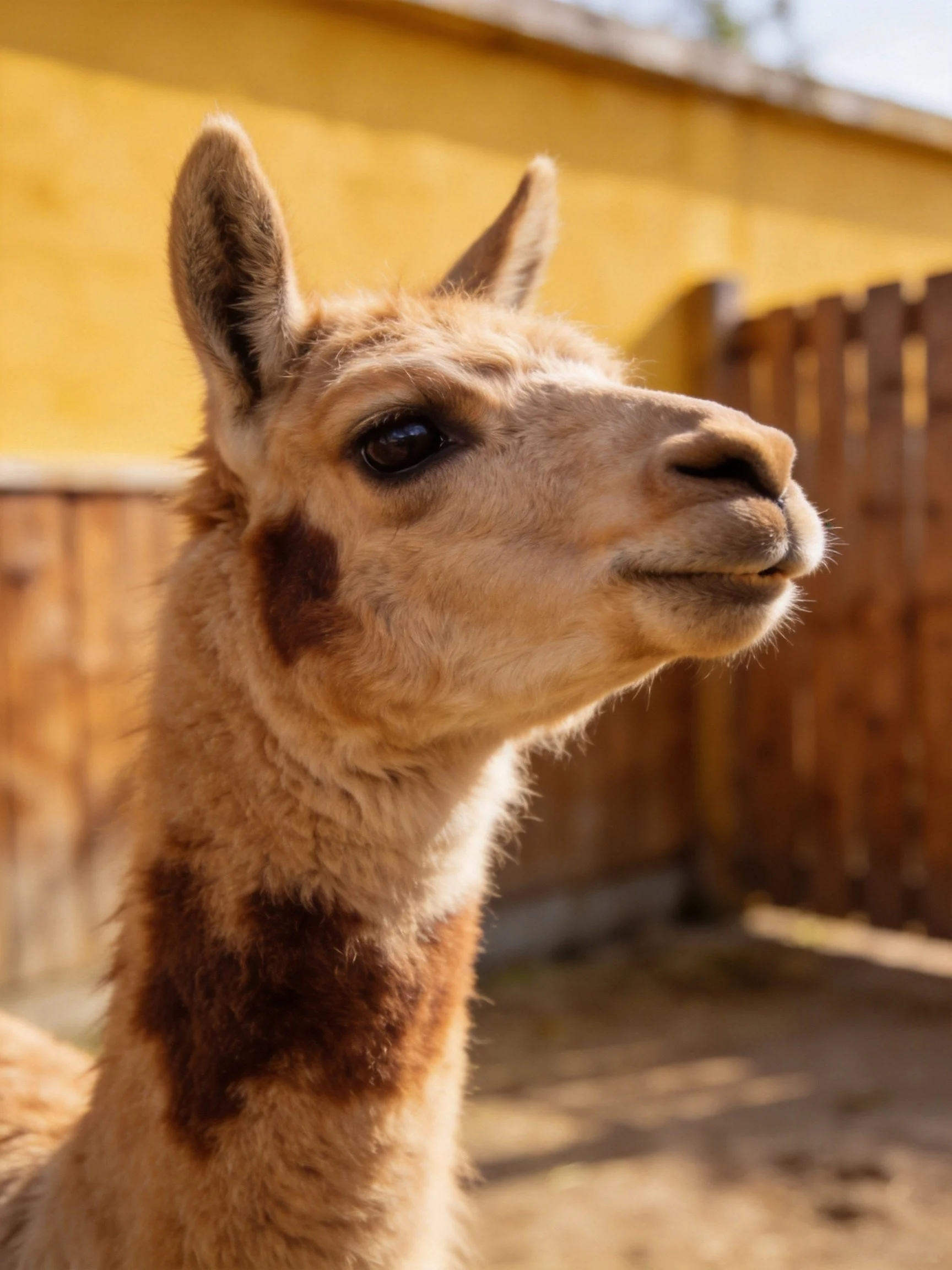 A light brown llama with dark patches near a yellow wall and wooden fence