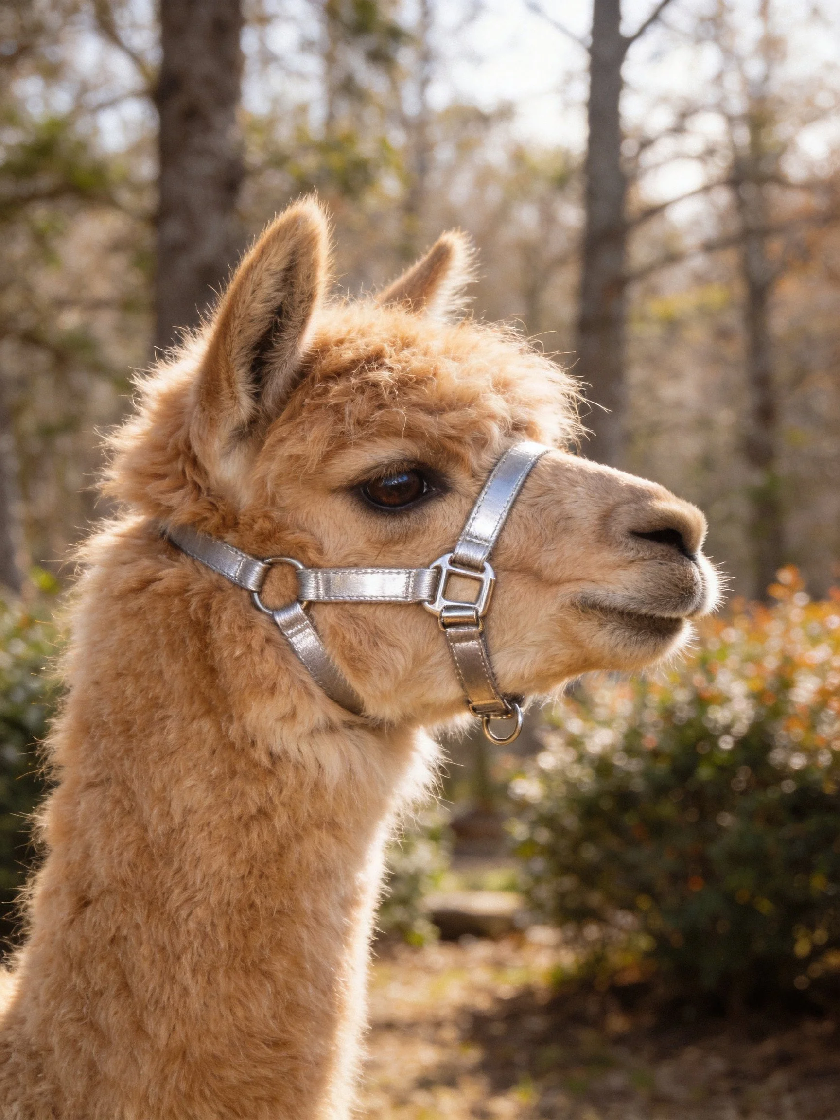 A light tan alpaca with a silver halter in a forested setting