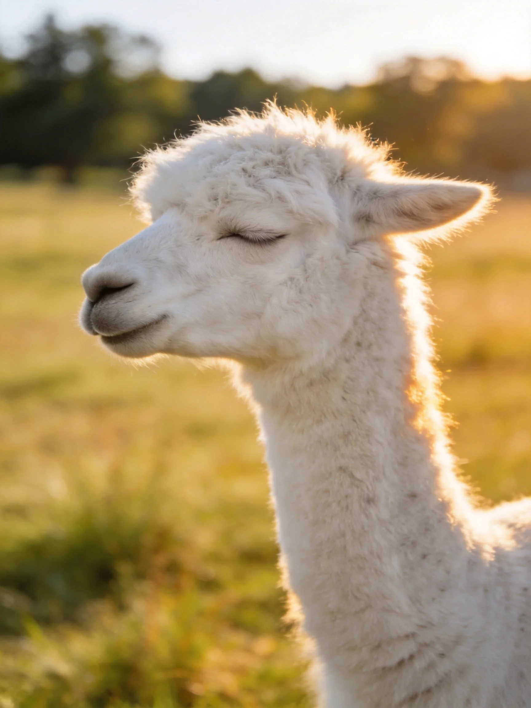A peaceful white alpaca enjoys golden sunlight in a sunlit meadow
