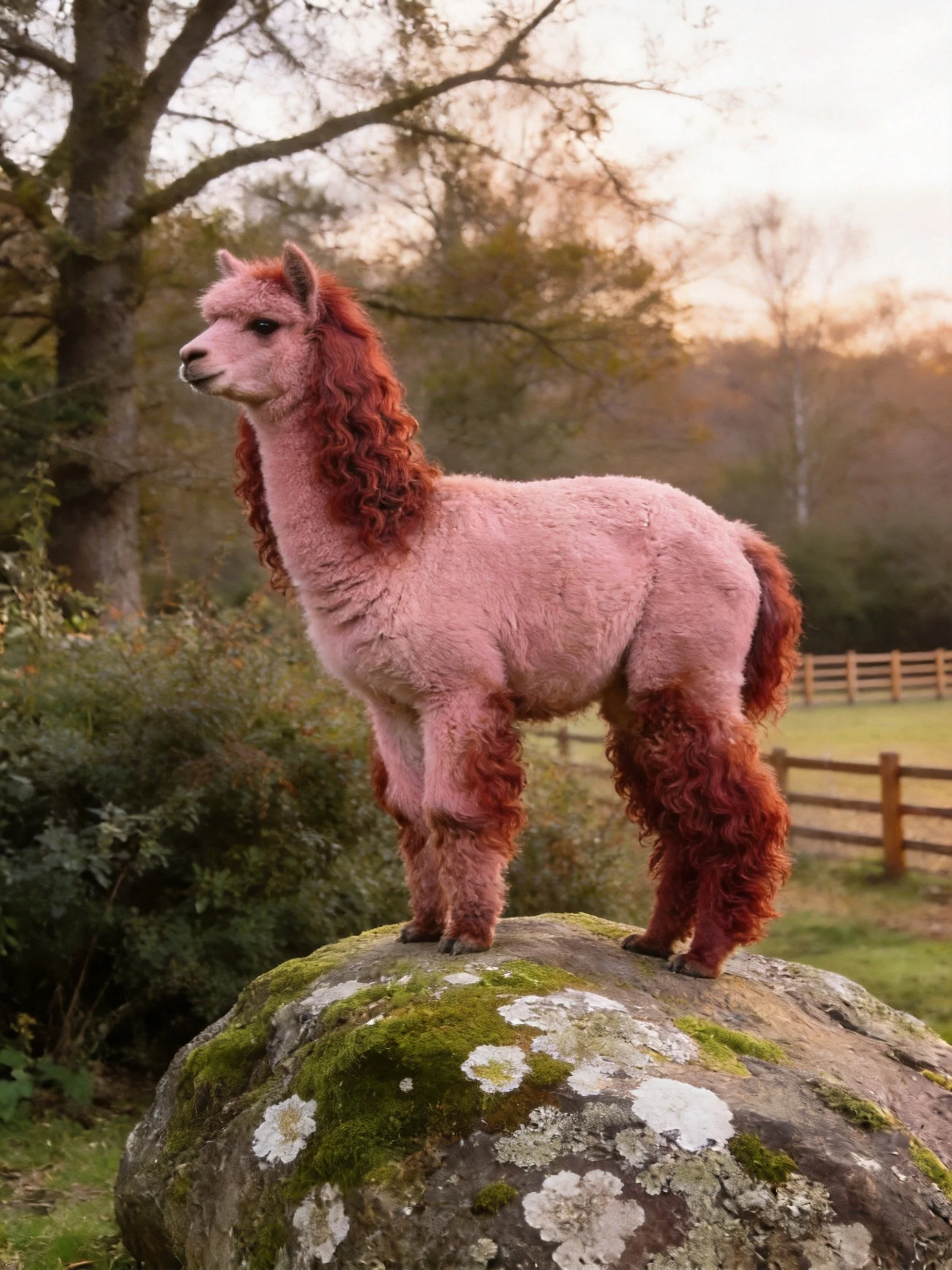 A pink alpaca with red curls stands on a moss-covered rock