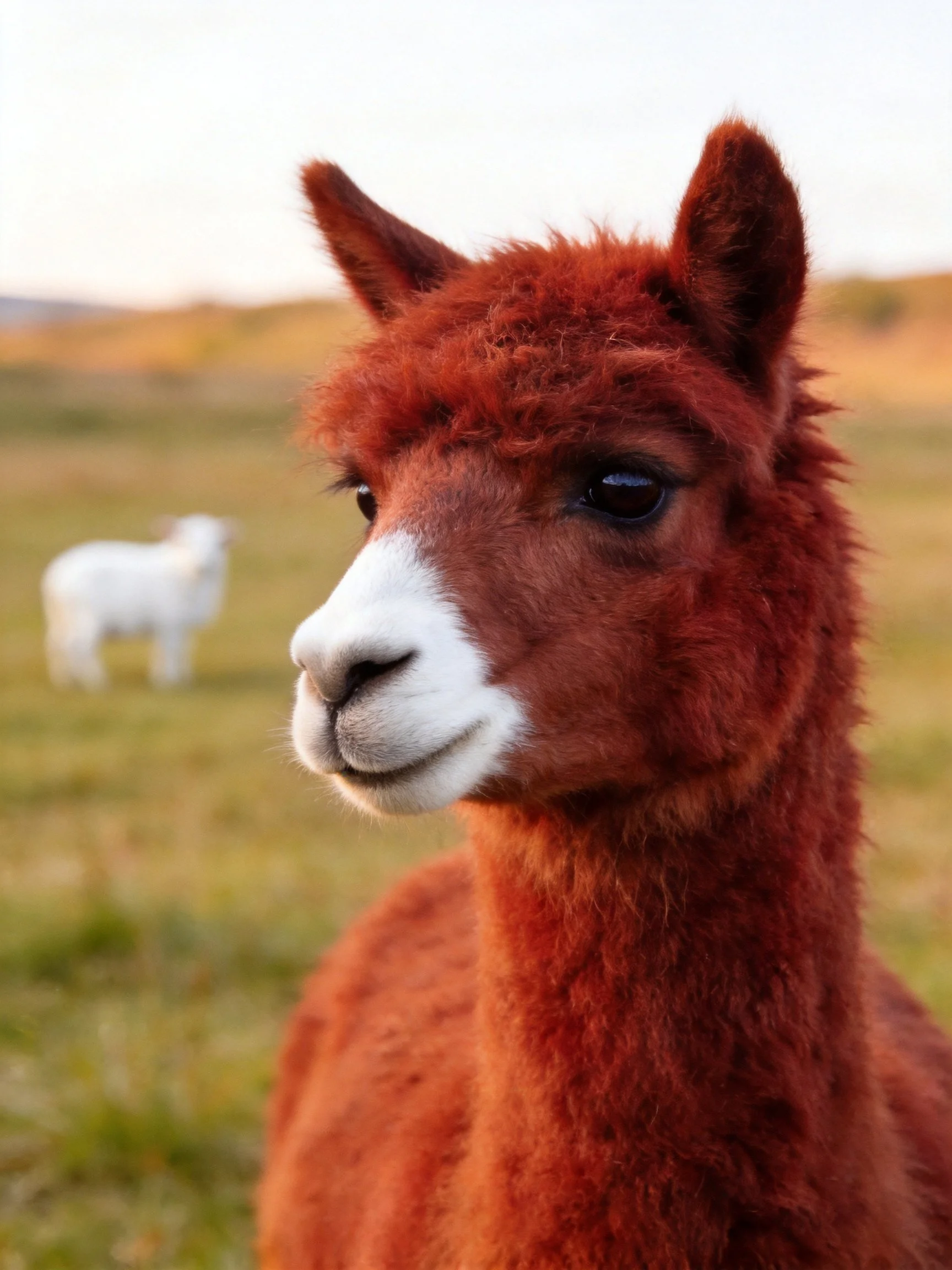 A reddish - brown alpaca with a white snout near a white sheep in an open field
