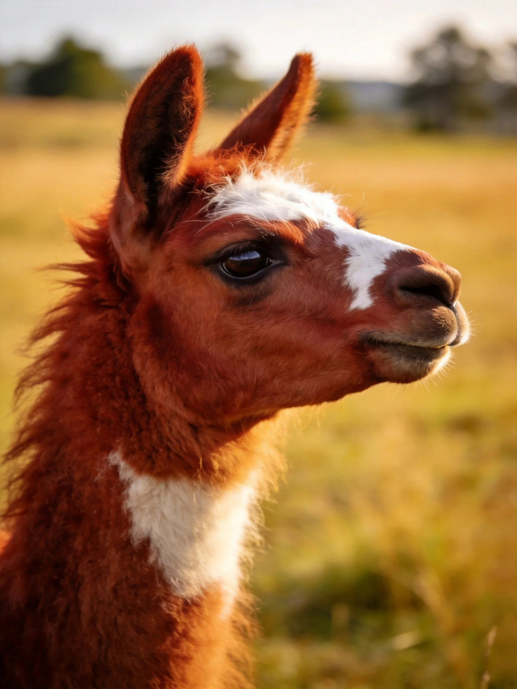 A reddish-brown and white baby llama in a sunlit open field