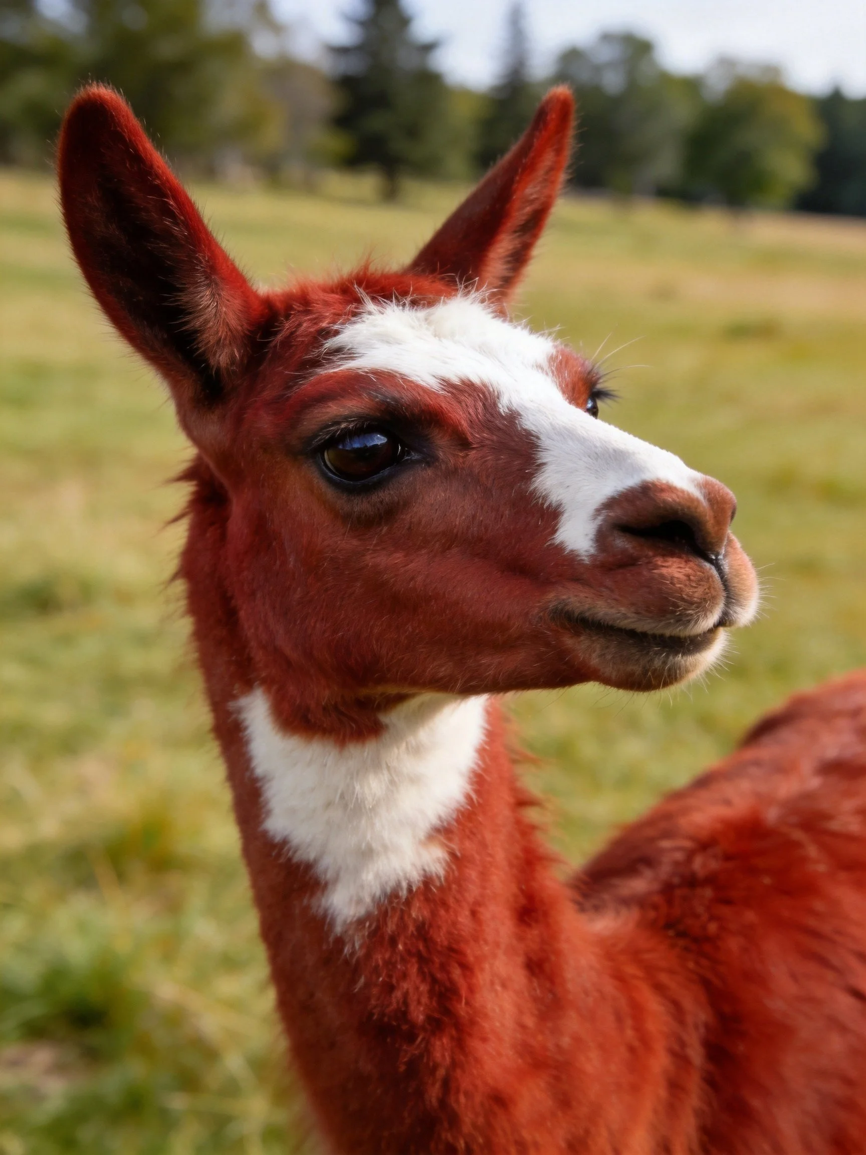A reddish - brown baby llama with white facial markings in a grassy field