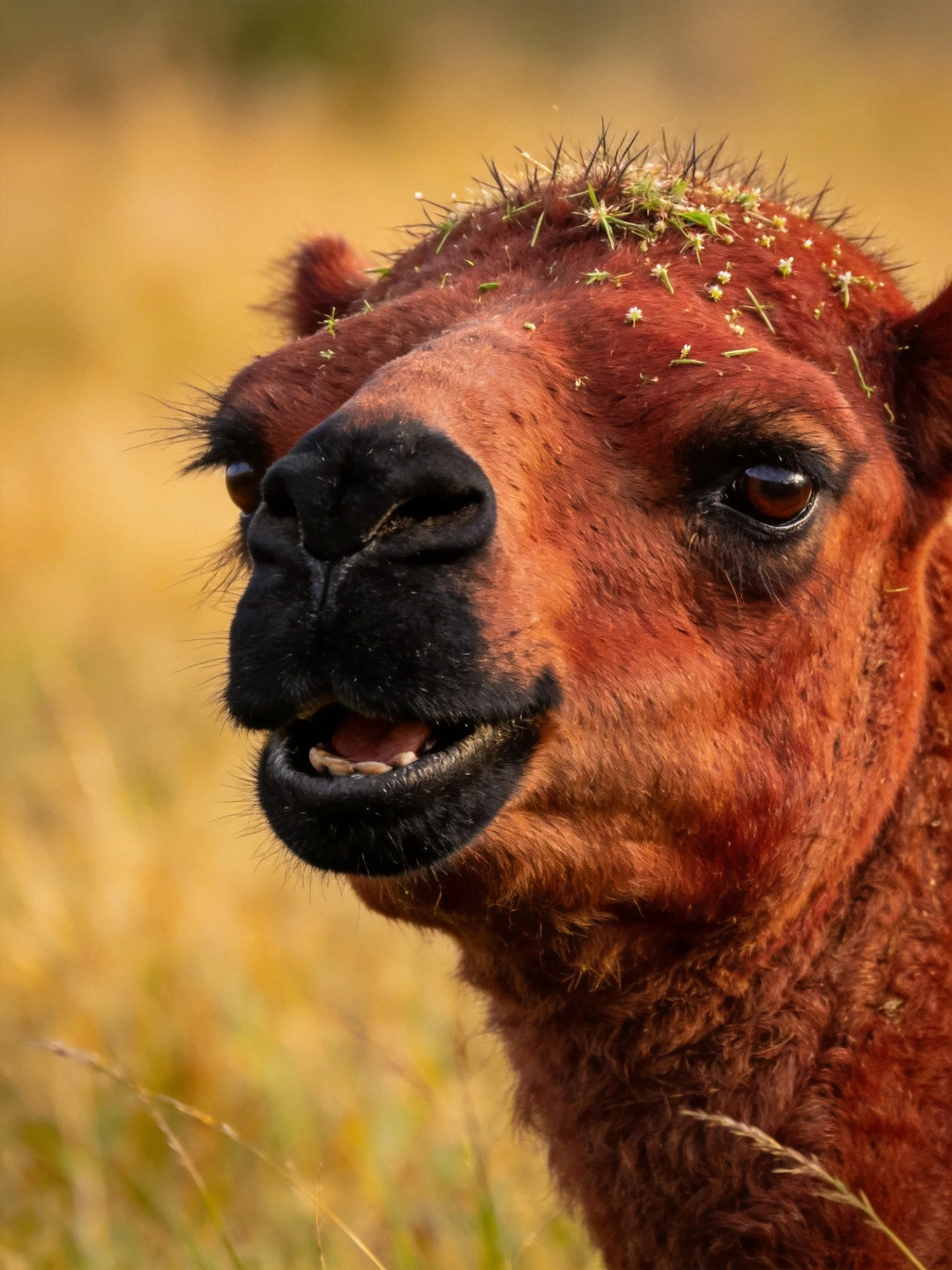 A reddish-brown camel with small plants on its head in a golden field