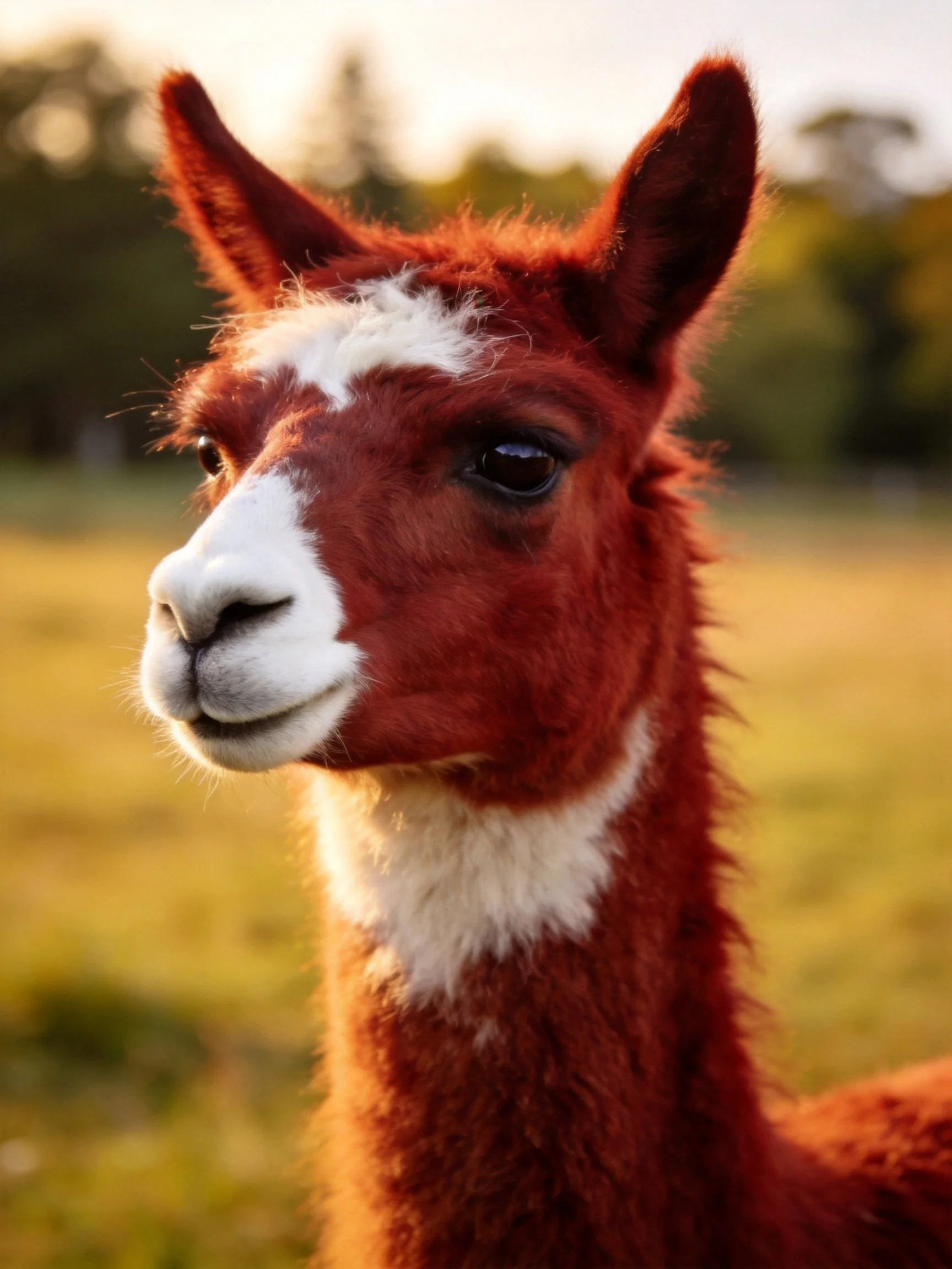 A reddish-brown llama with white facial markings stands in a sunlit field