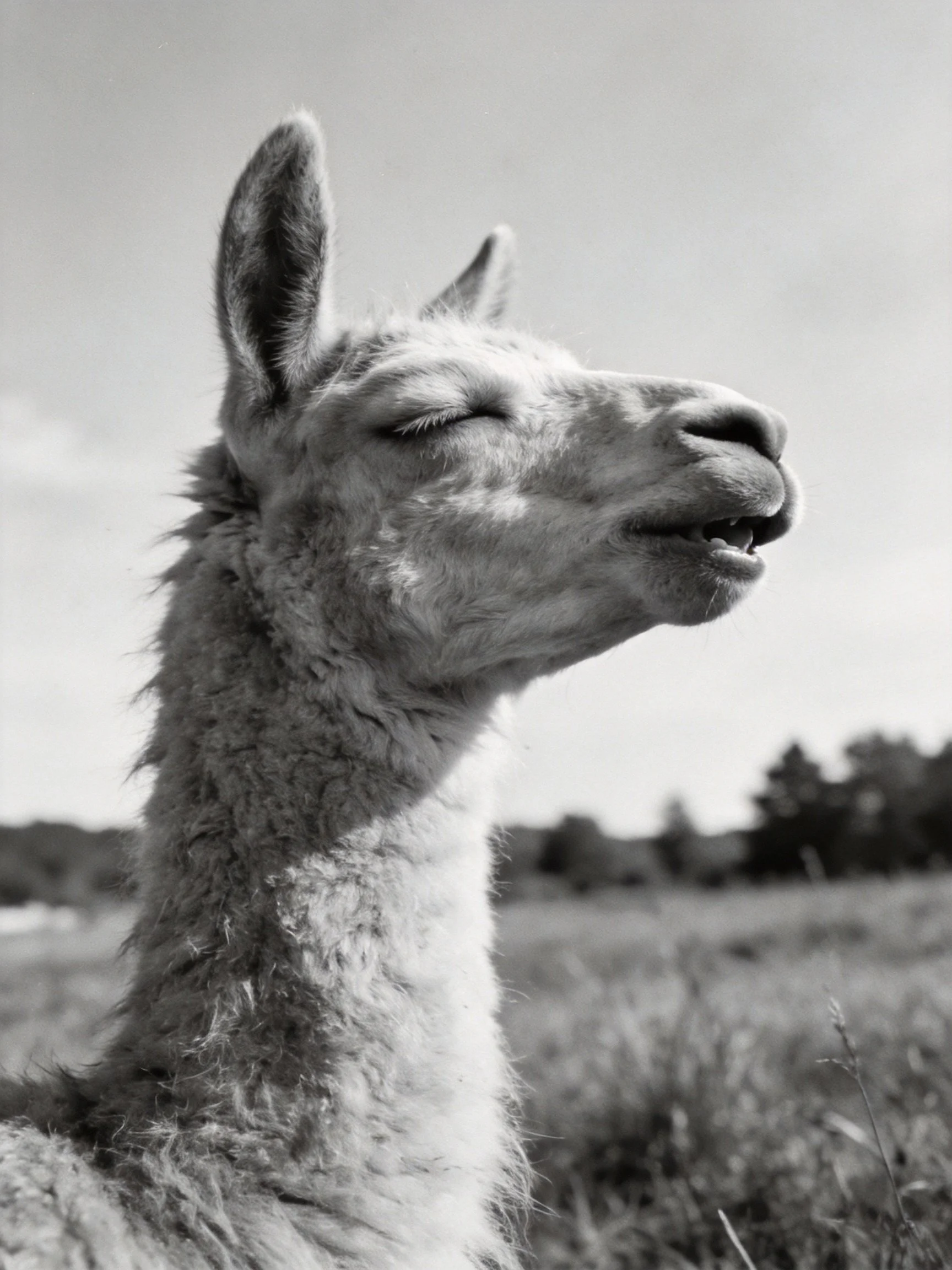 A serene black - and - white portrait of a content llama in an open field