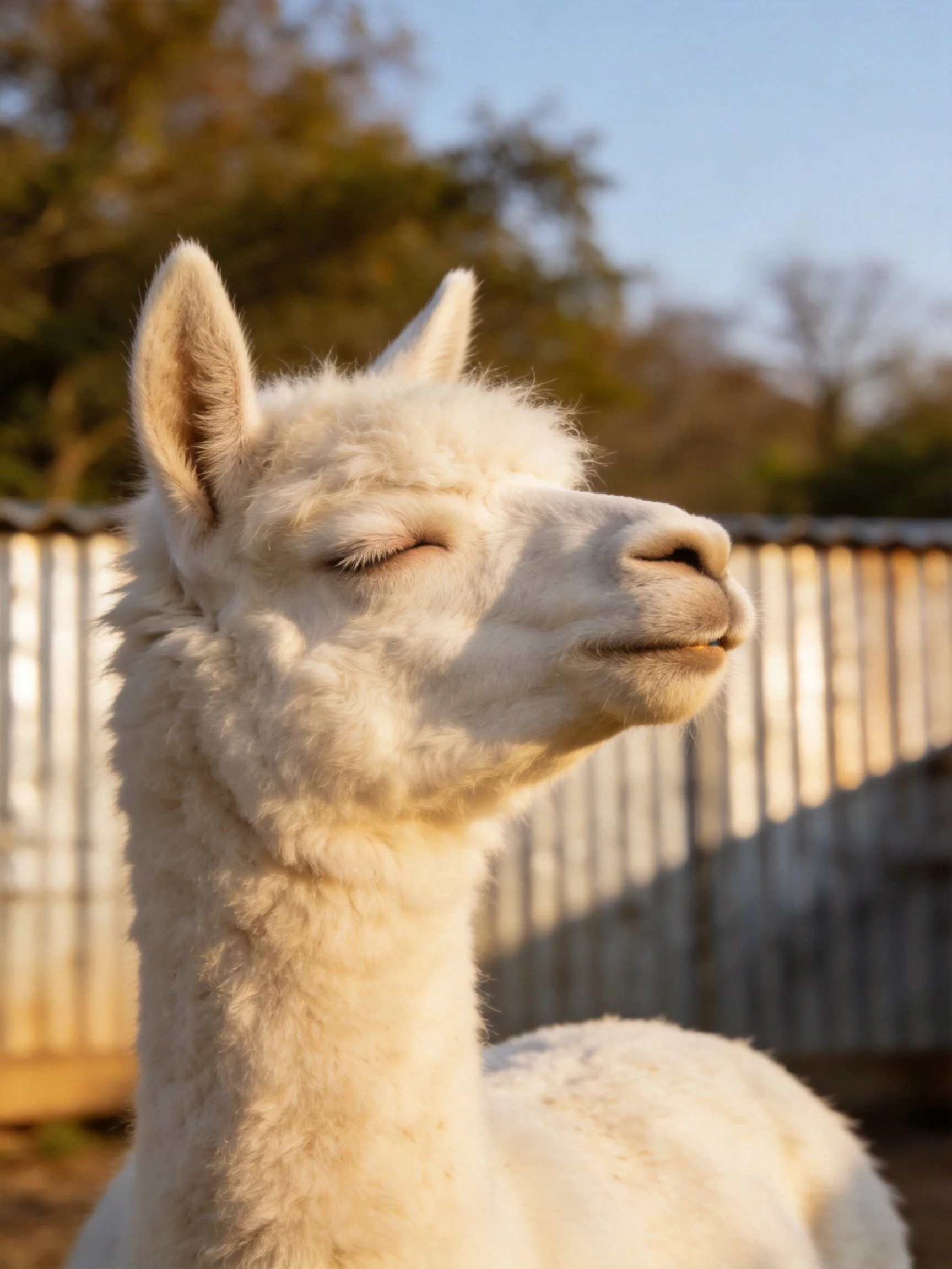 A serene white alpaca with closed eyes near a corrugated fence