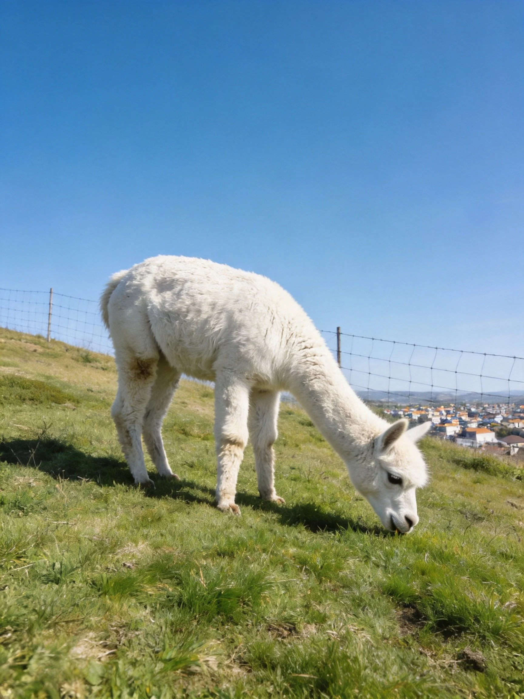 A single white alpaca grazes on lush green grass near a wire fence