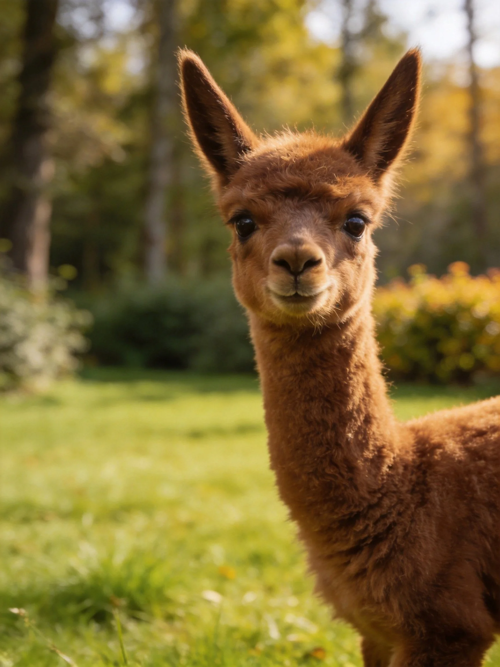 A small brown alpaca stands in a sunlit grassy area near trees