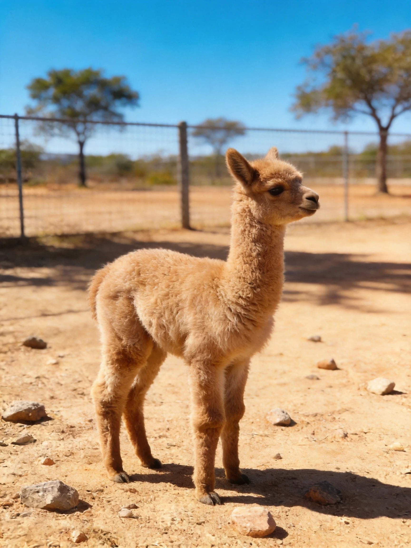A small tan alpaca stands on rocky dirt near a fence and trees