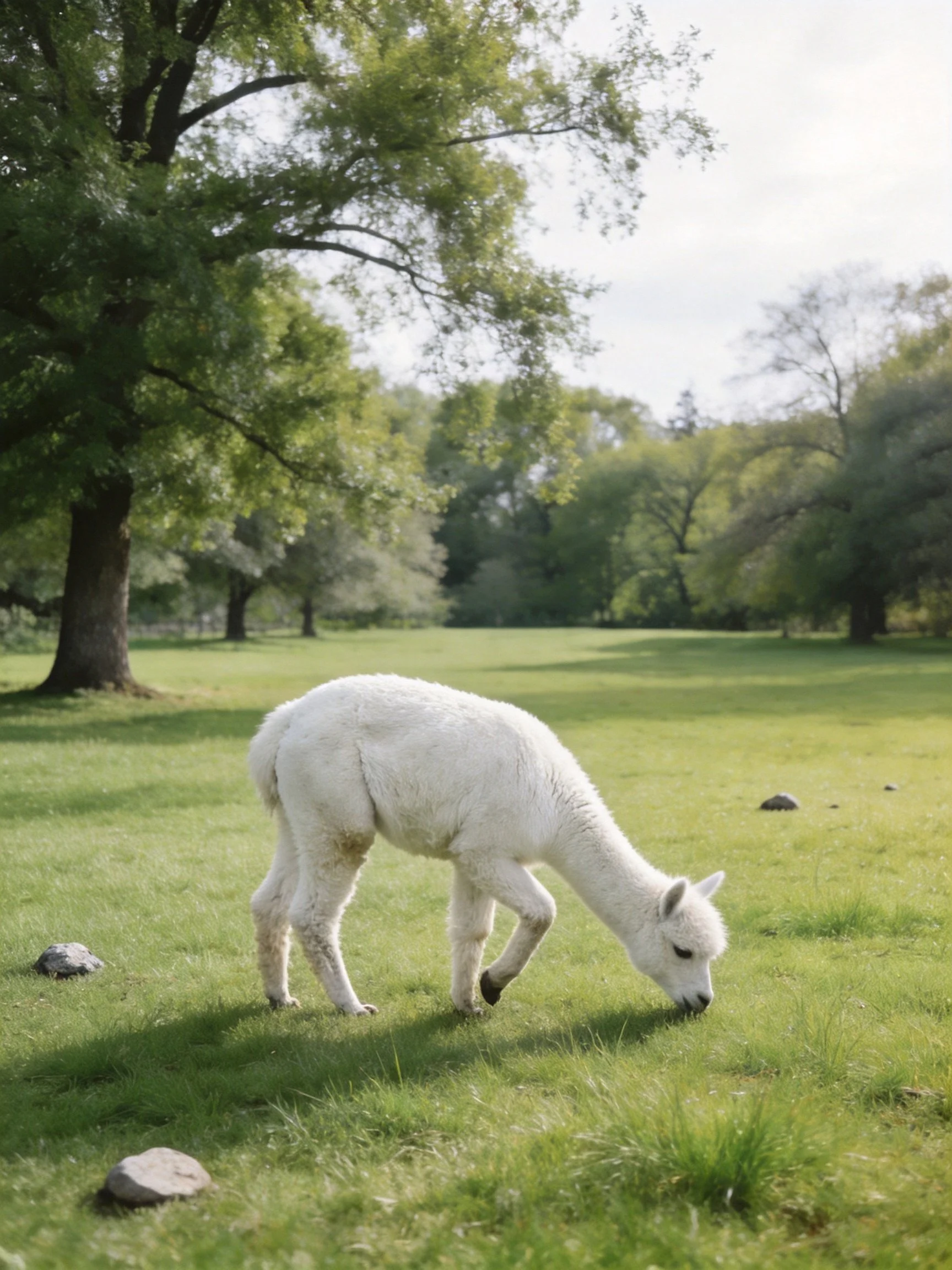 A small white alpaca grazing in a spacious green field