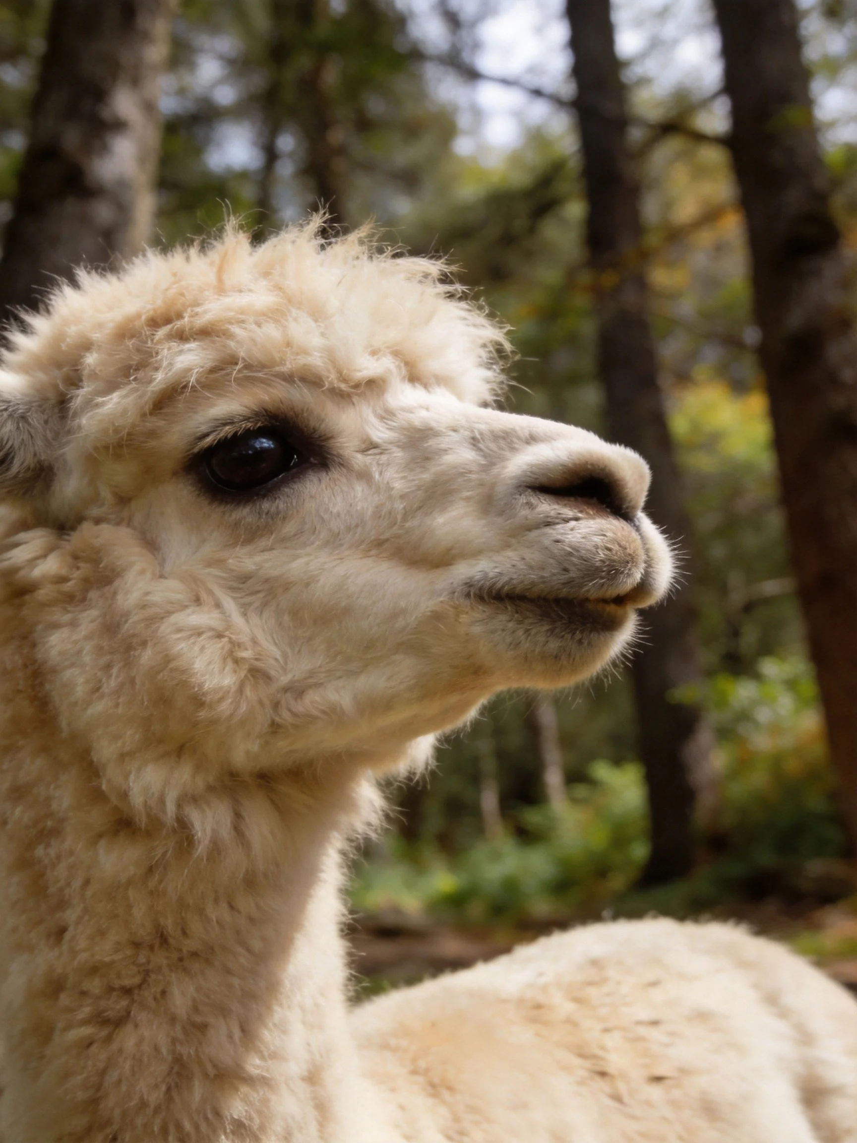 A soft cream-colored alpaca near tall forest trees