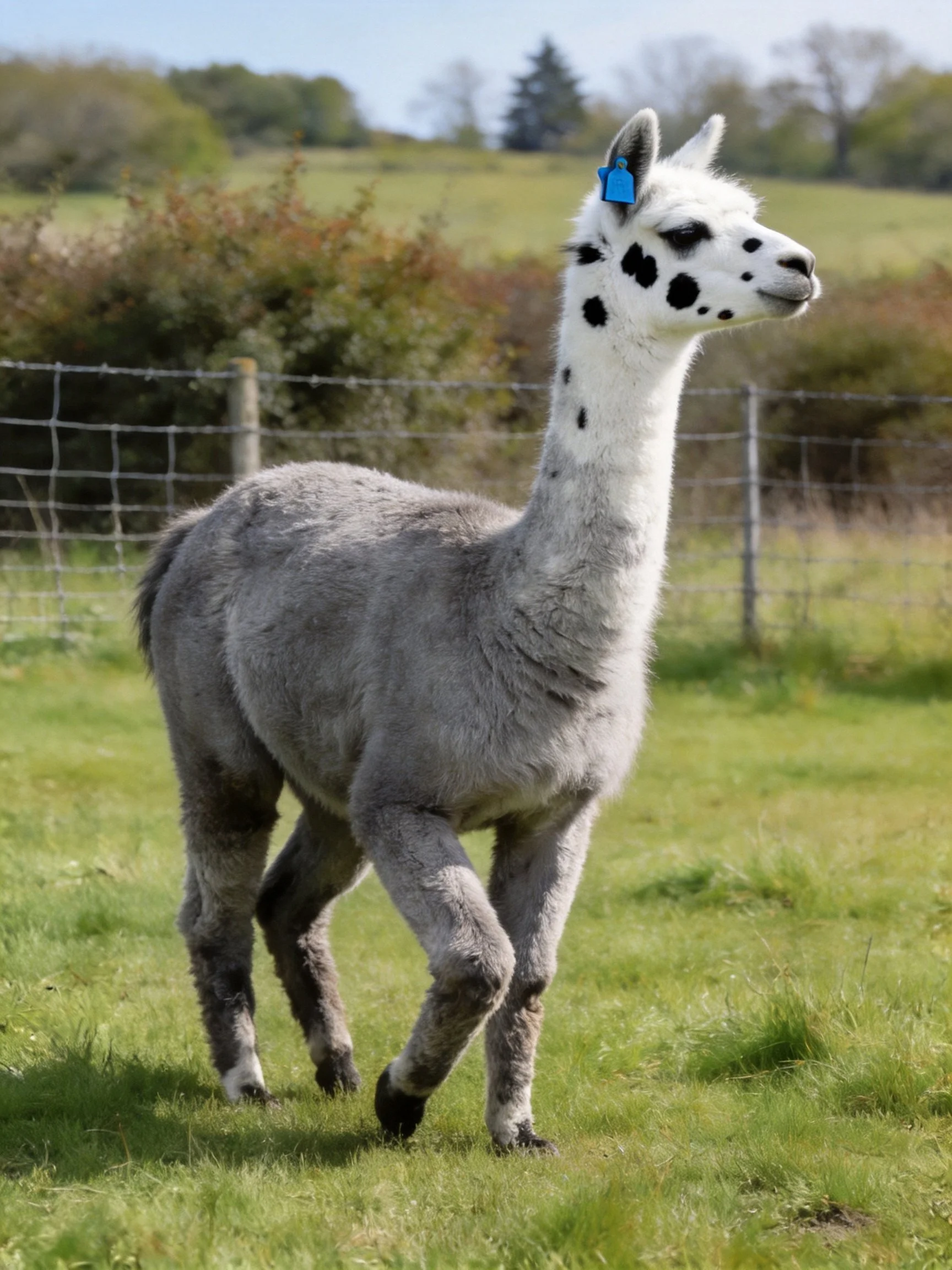 A spotted gray alpaca with a white face walks in a green pasture