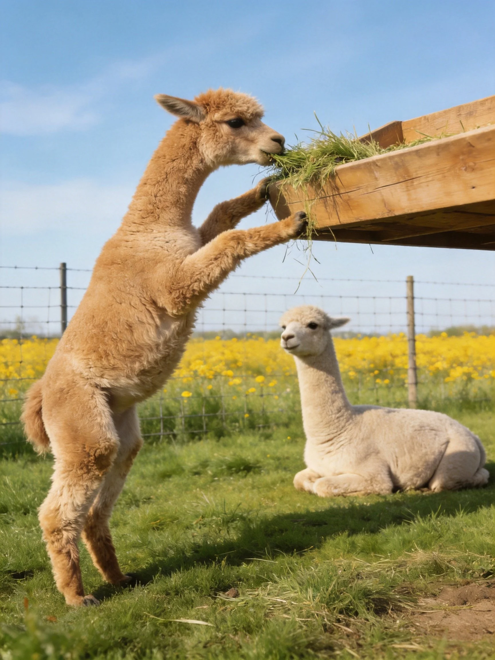A tan alpaca reaches for hay while a white alpaca rests in a sunny meadow with yellow flowers