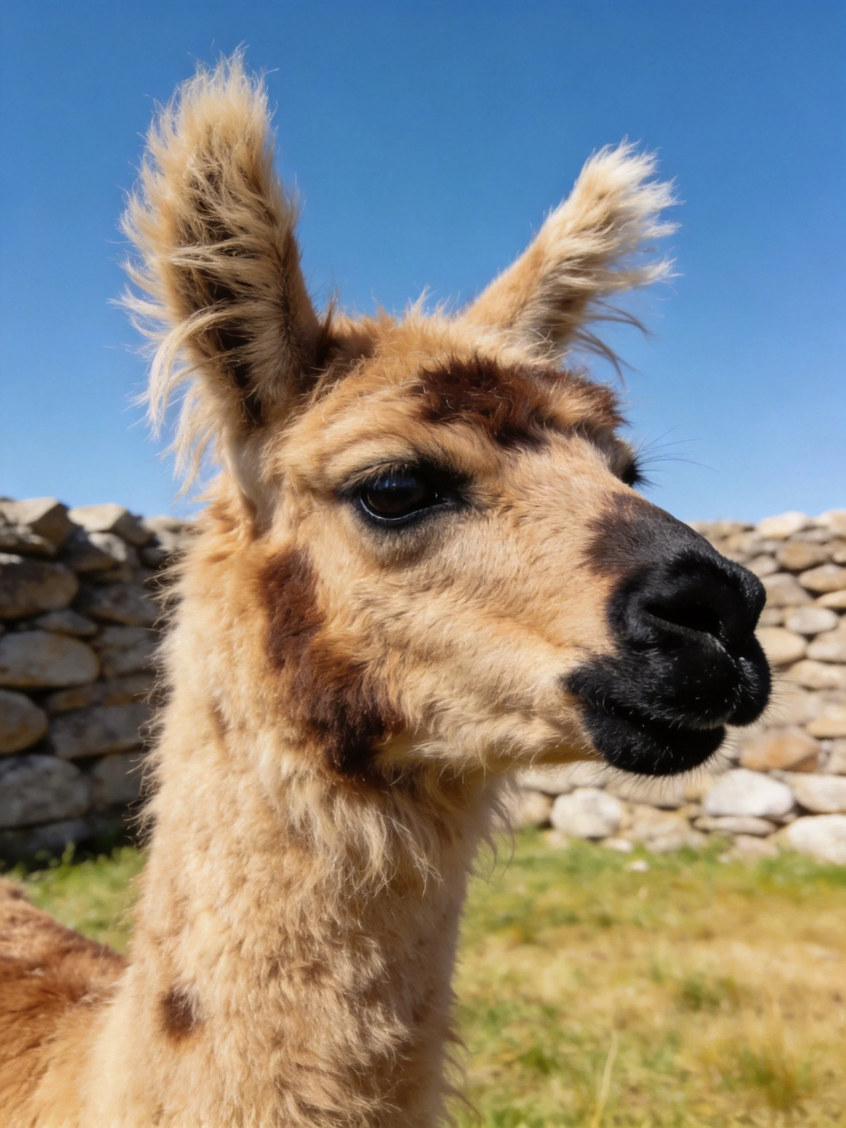 A tan and brown llama near a stone wall under clear blue sky