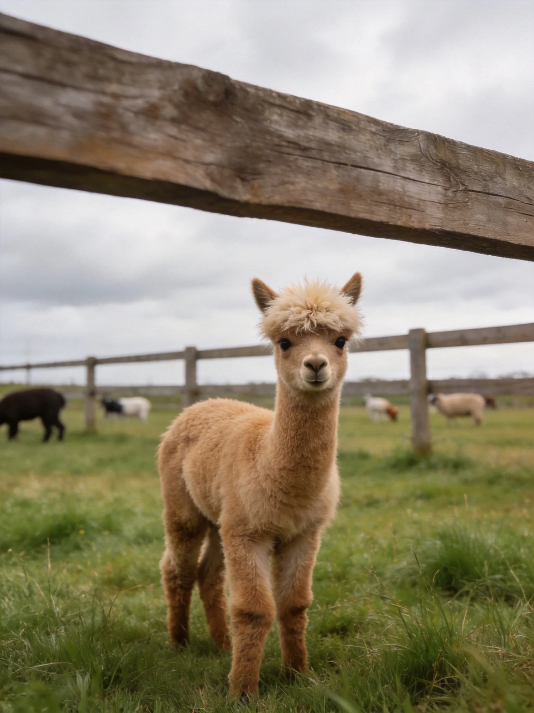A tan baby alpaca near a weathered wooden fence in a green pasture