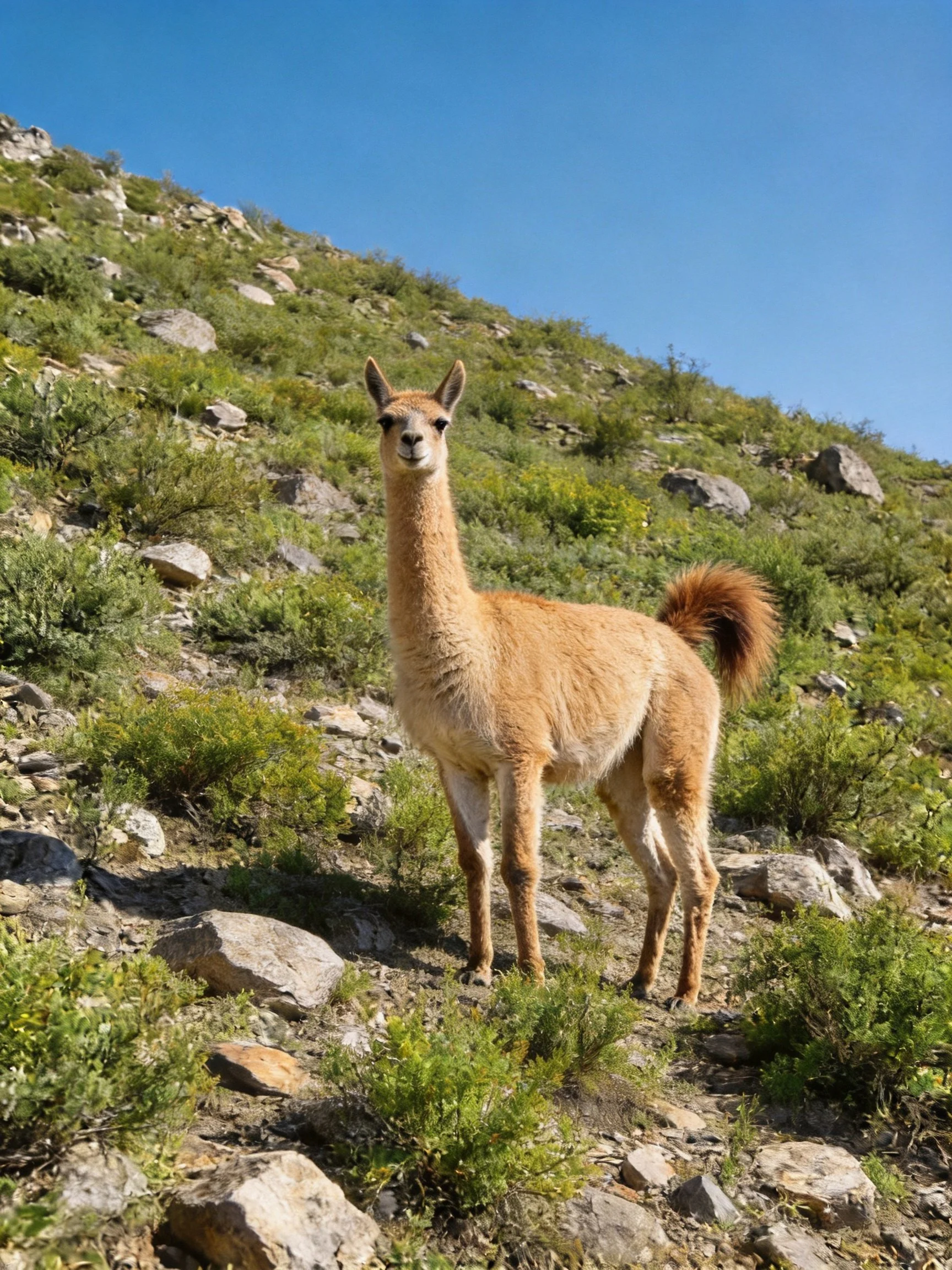 A tan guanaco stands on a rocky, green hillside under clear blue sky