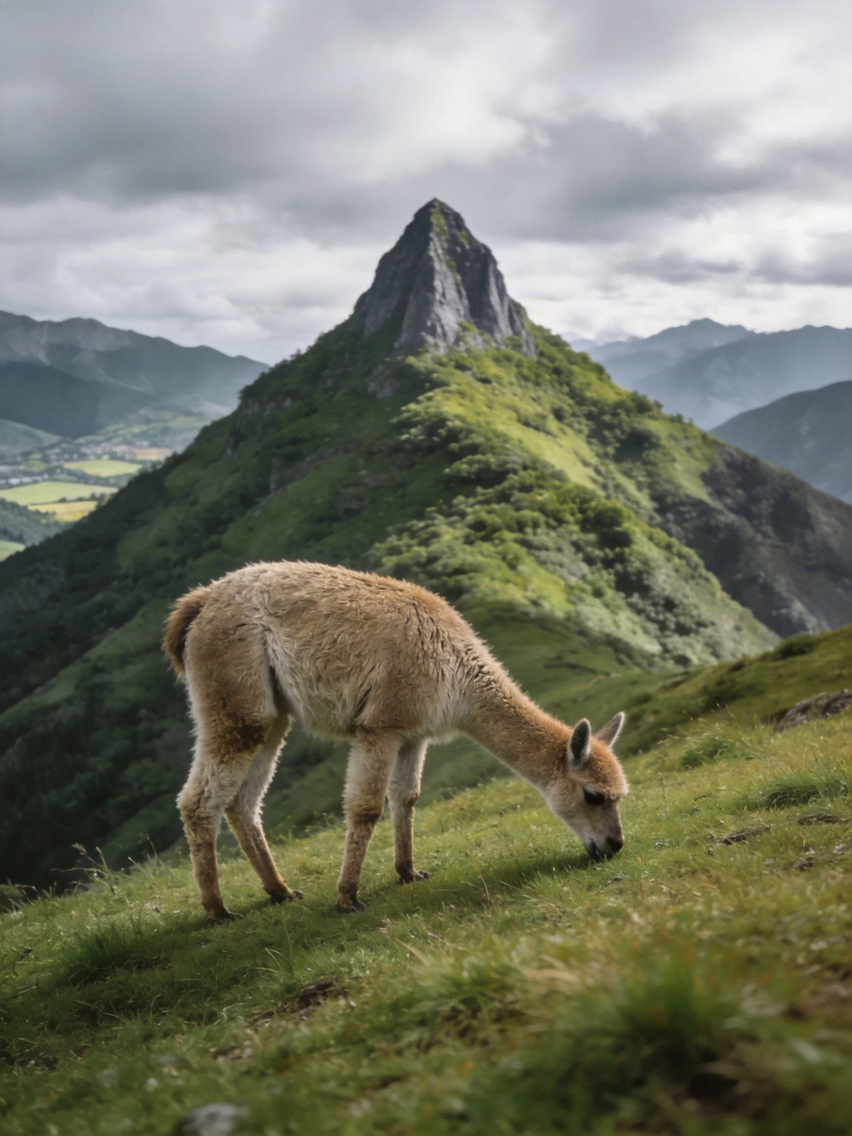 A tan llama grazes on a lush green hillside near a sharp mountain peak