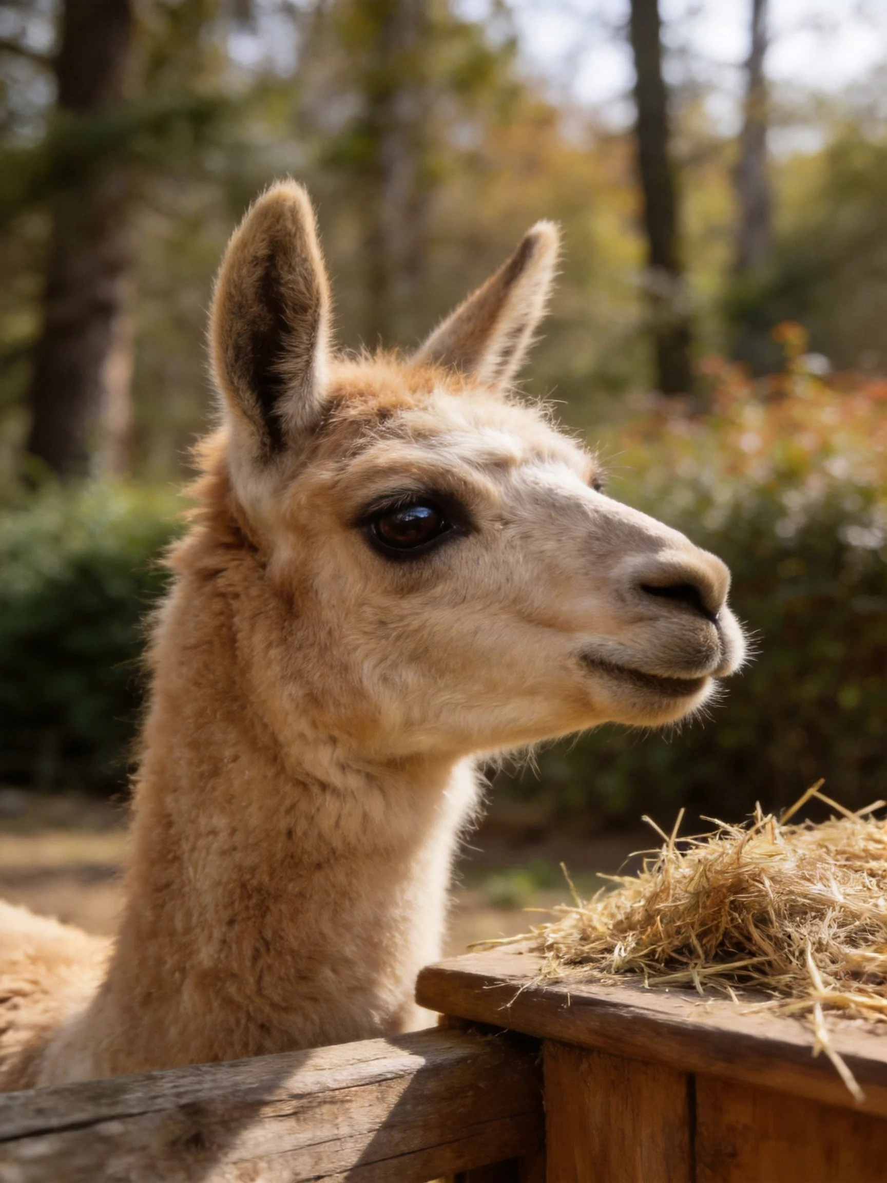 A tan llama near golden hay in a sunlit wooded enclosure