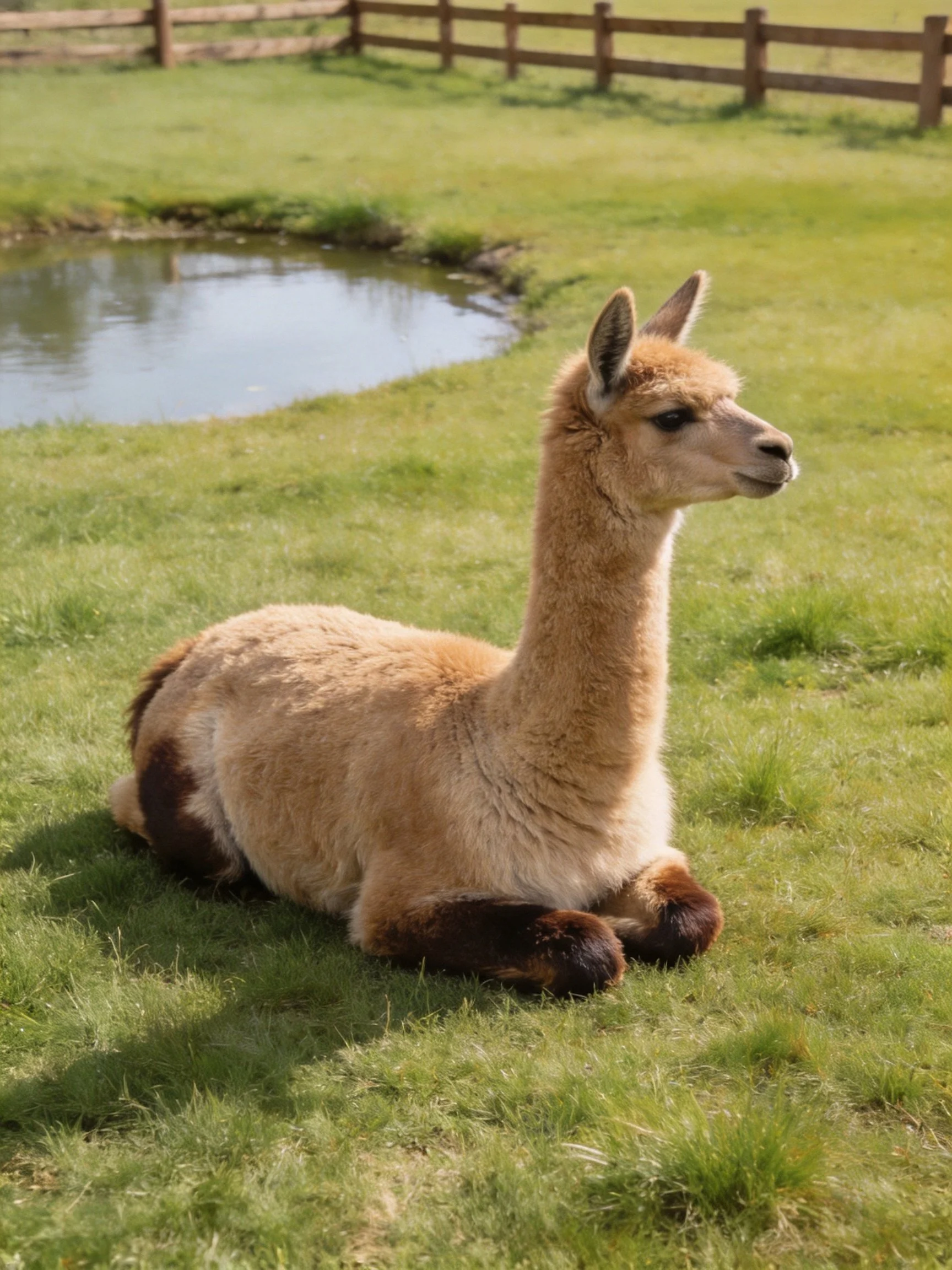 A tan llama rests on lush green grass near a small pond