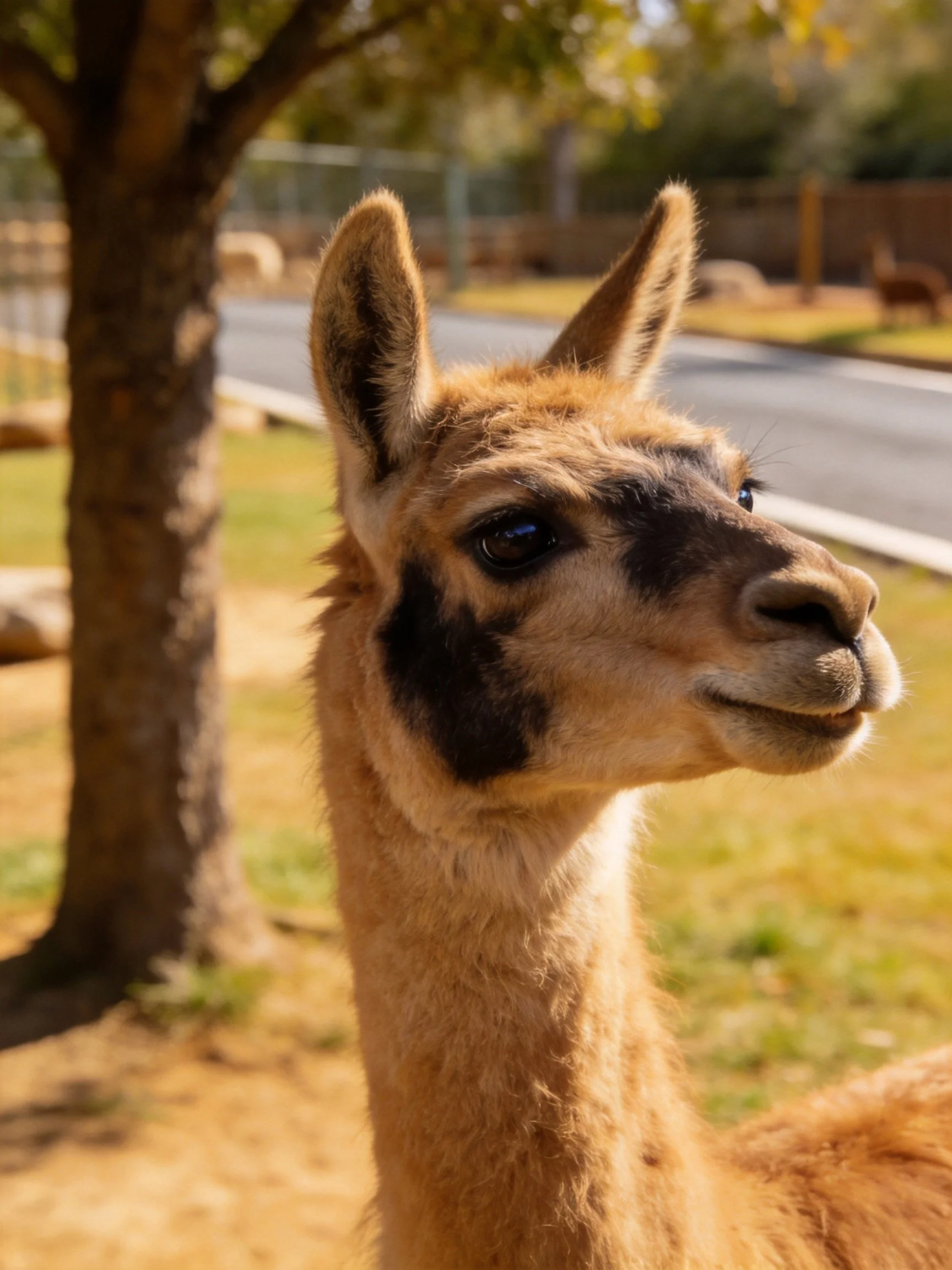 A tan llama with dark facial patches near a tree by a paved road