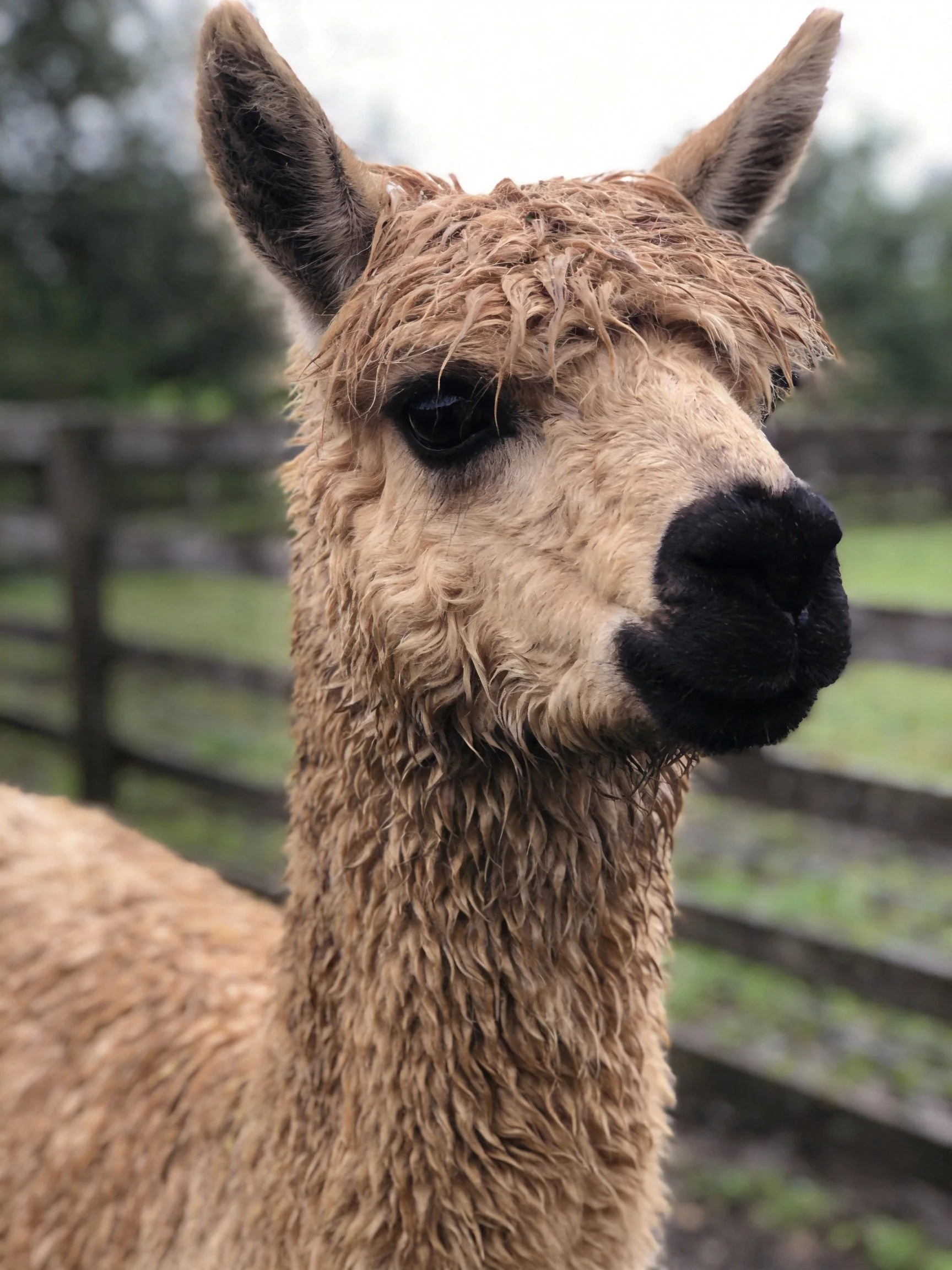 A wet beige alpaca near wooden farm fencing