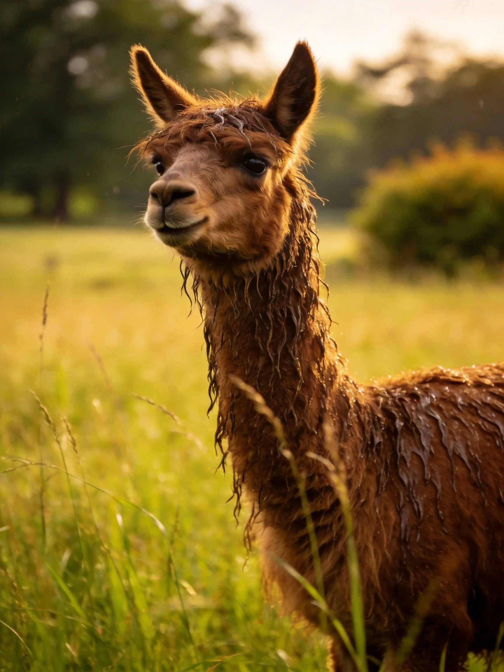 A wet brown alpaca stands in a sunlit green meadow