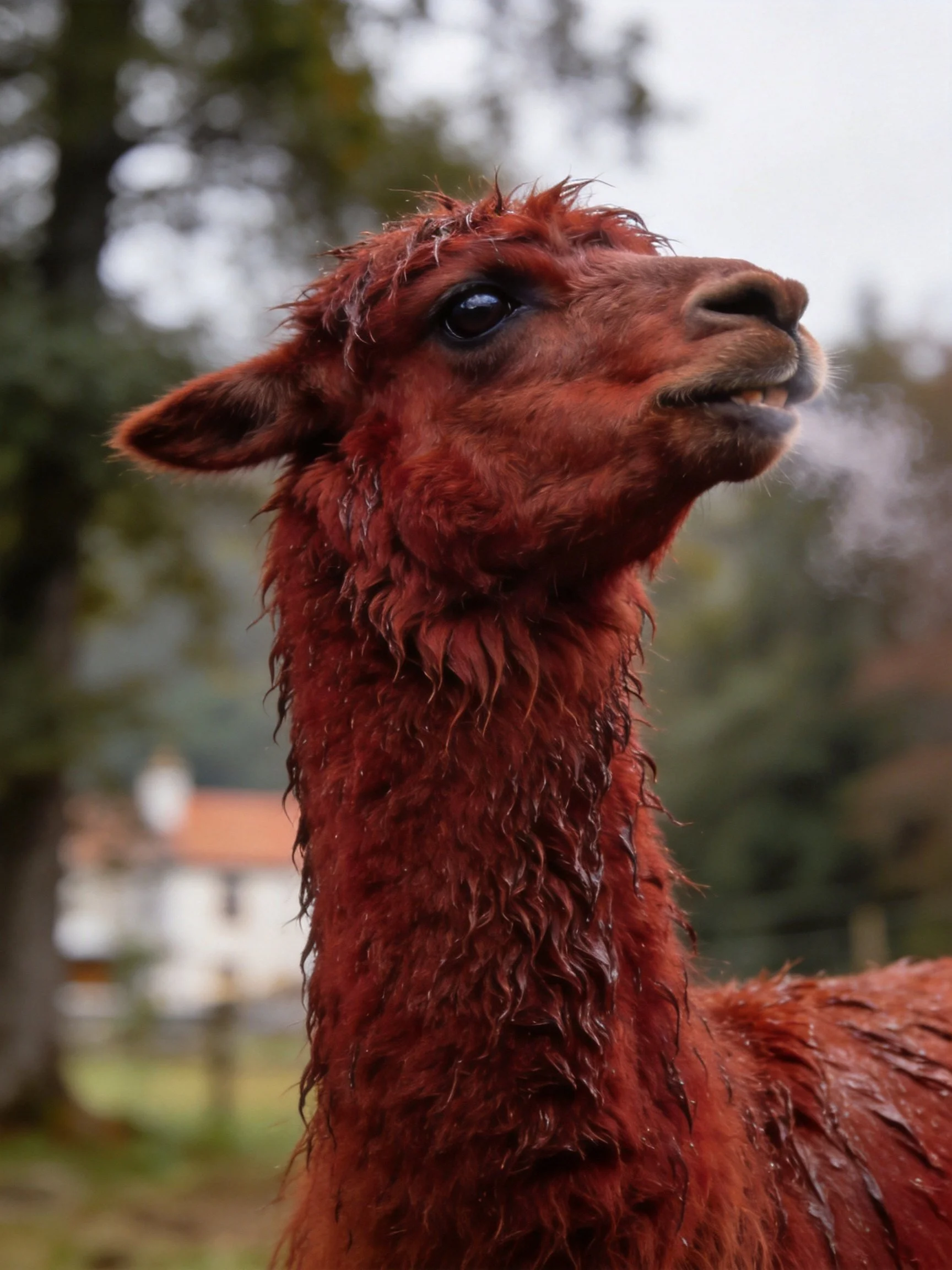 A wet reddish - brown alpaca stands near trees and a distant house