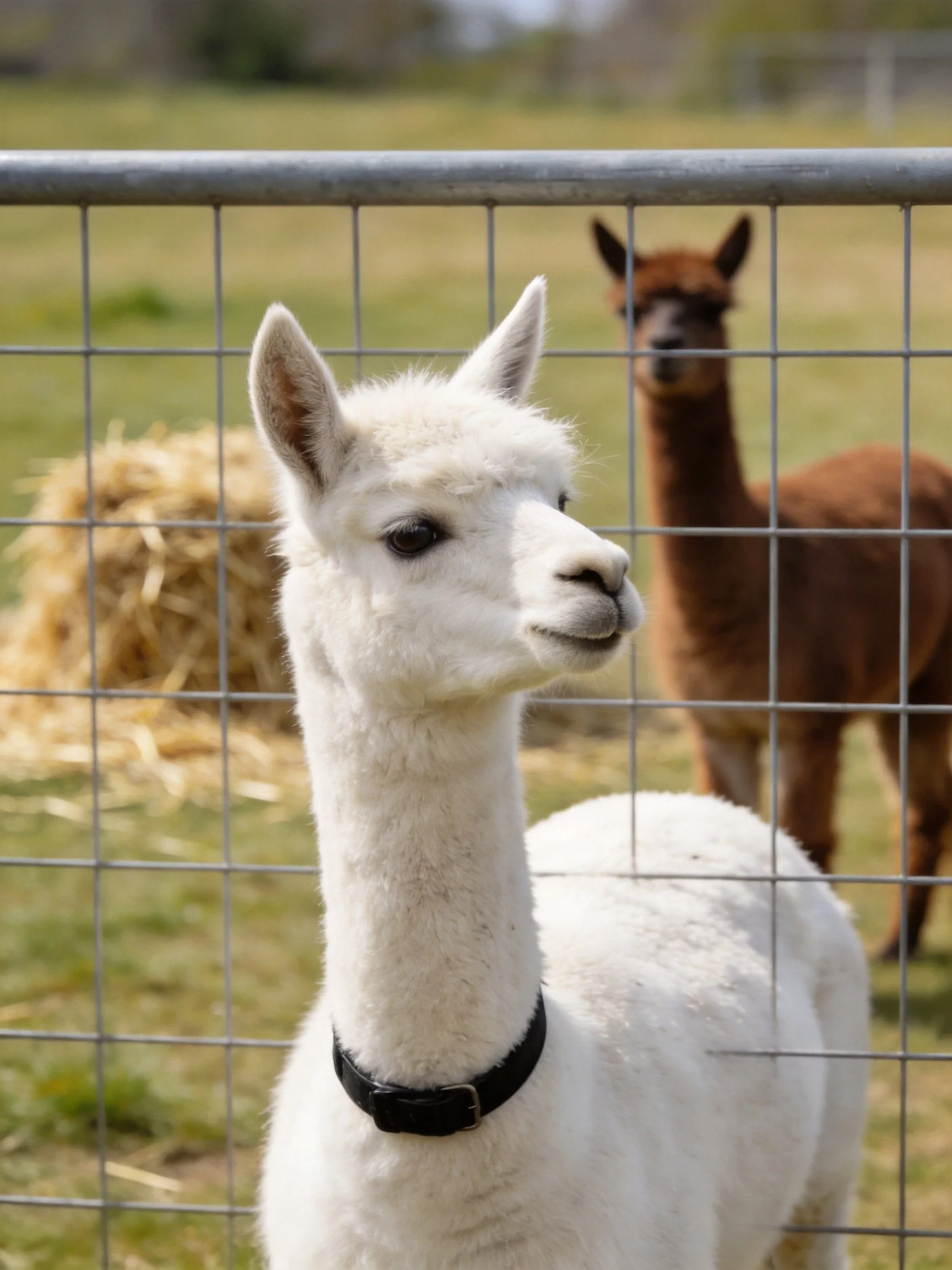 A white alpaca and a brown alpaca near a metal fence with hay