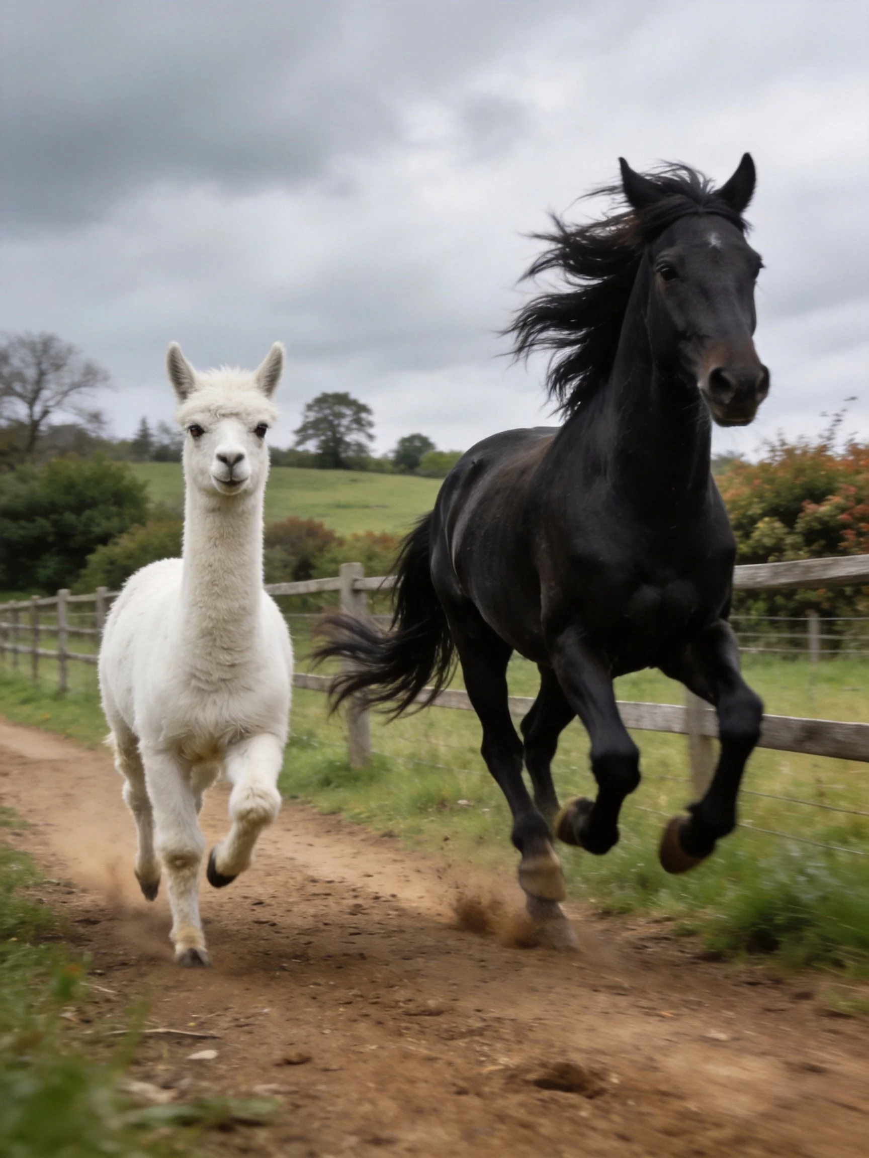 An alpaca and a black horse run together along a dirt path near a wooden fence.