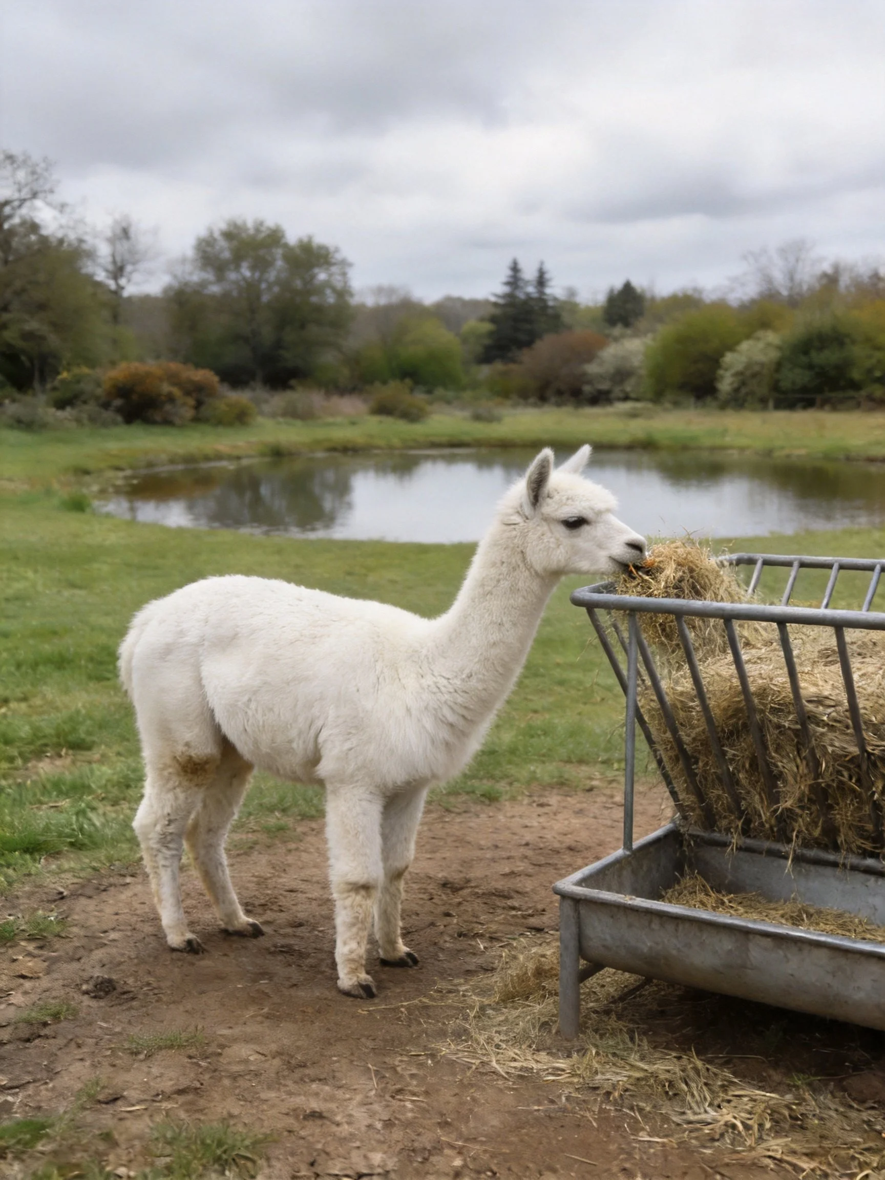 A white alpaca eats hay near a metal feeder by a pond