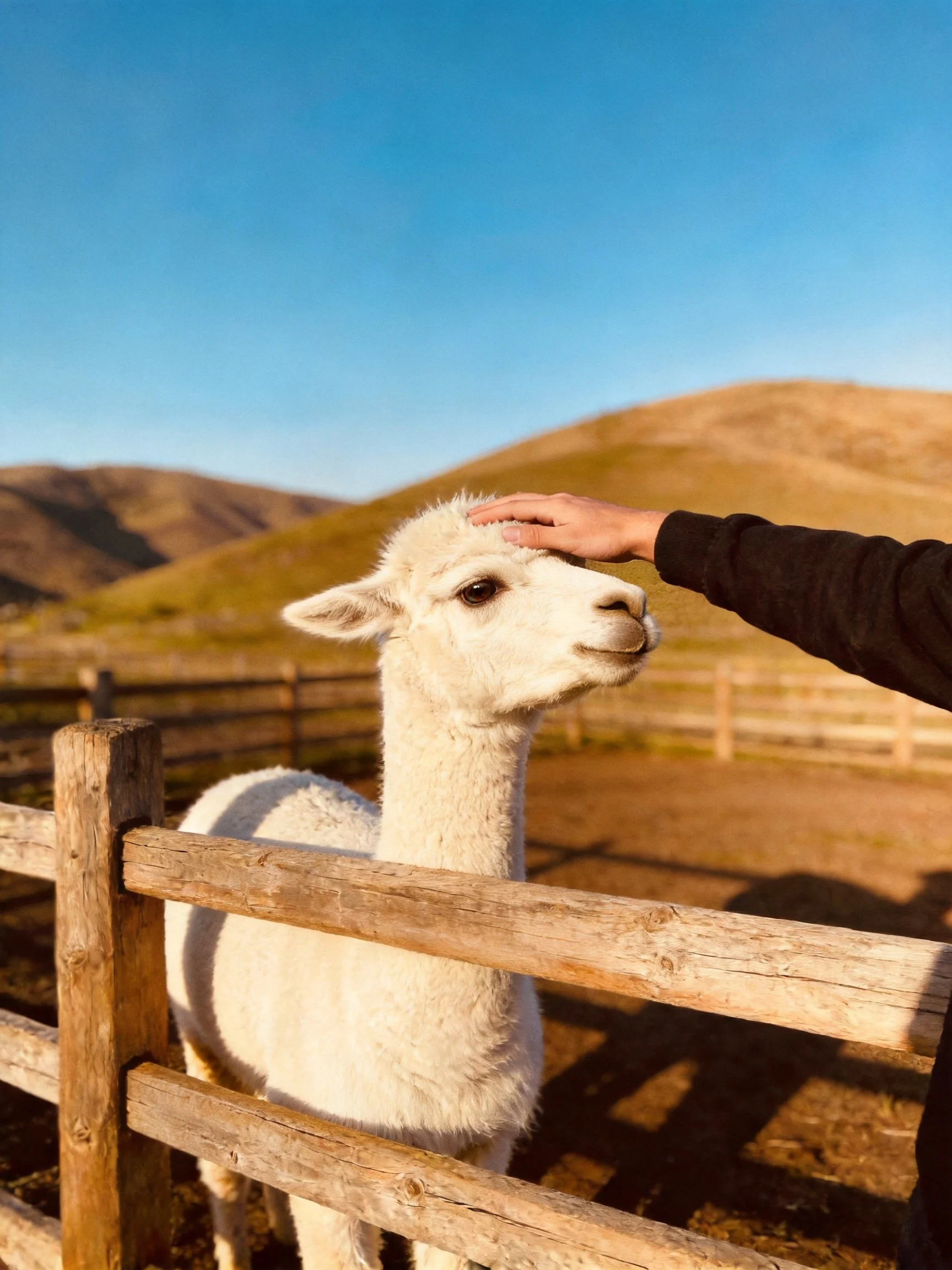 A white alpaca near a wooden fence with rolling hills under a clear blue sky