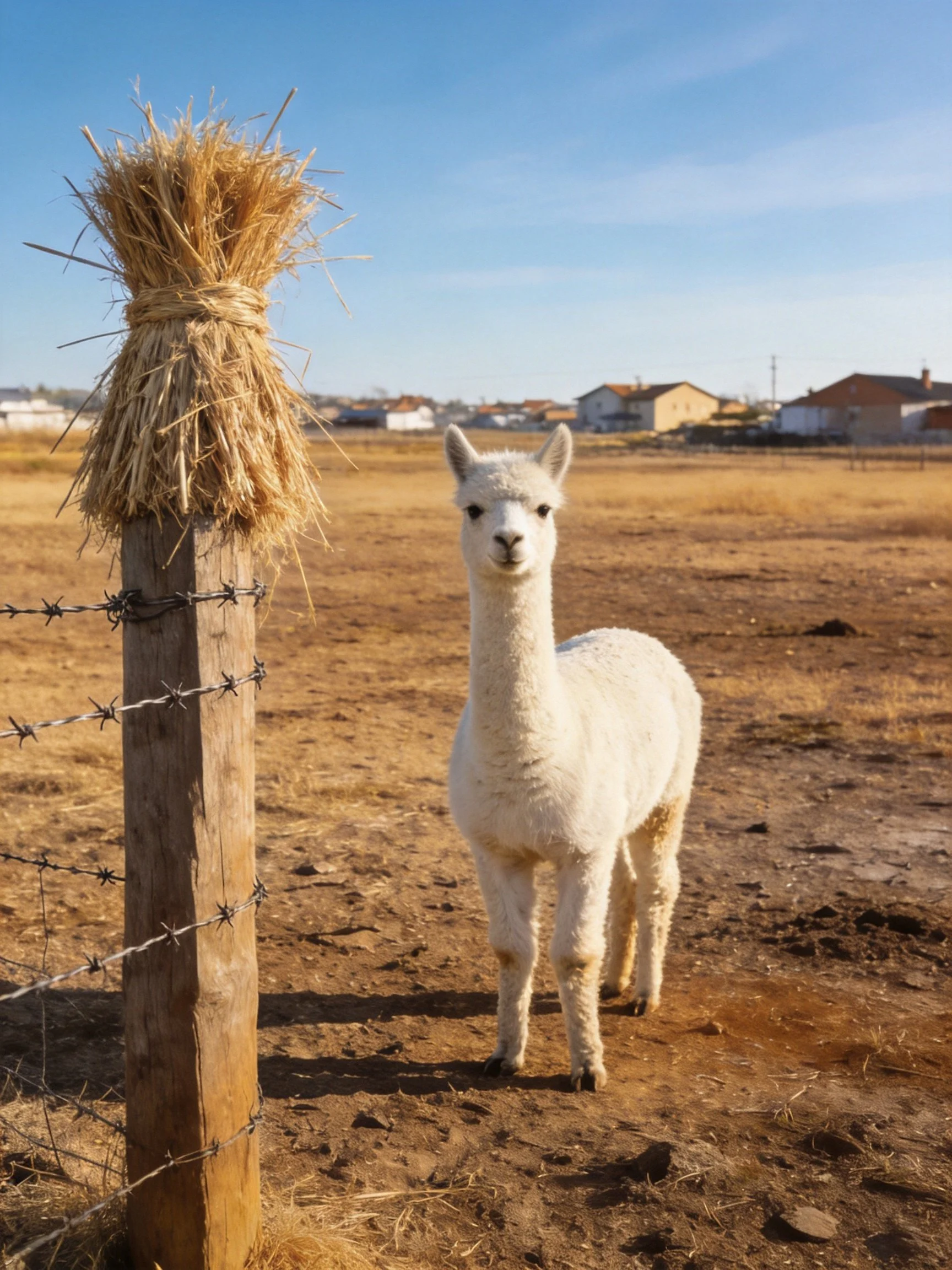 A white alpaca near a wooden post with straw and barbed wire