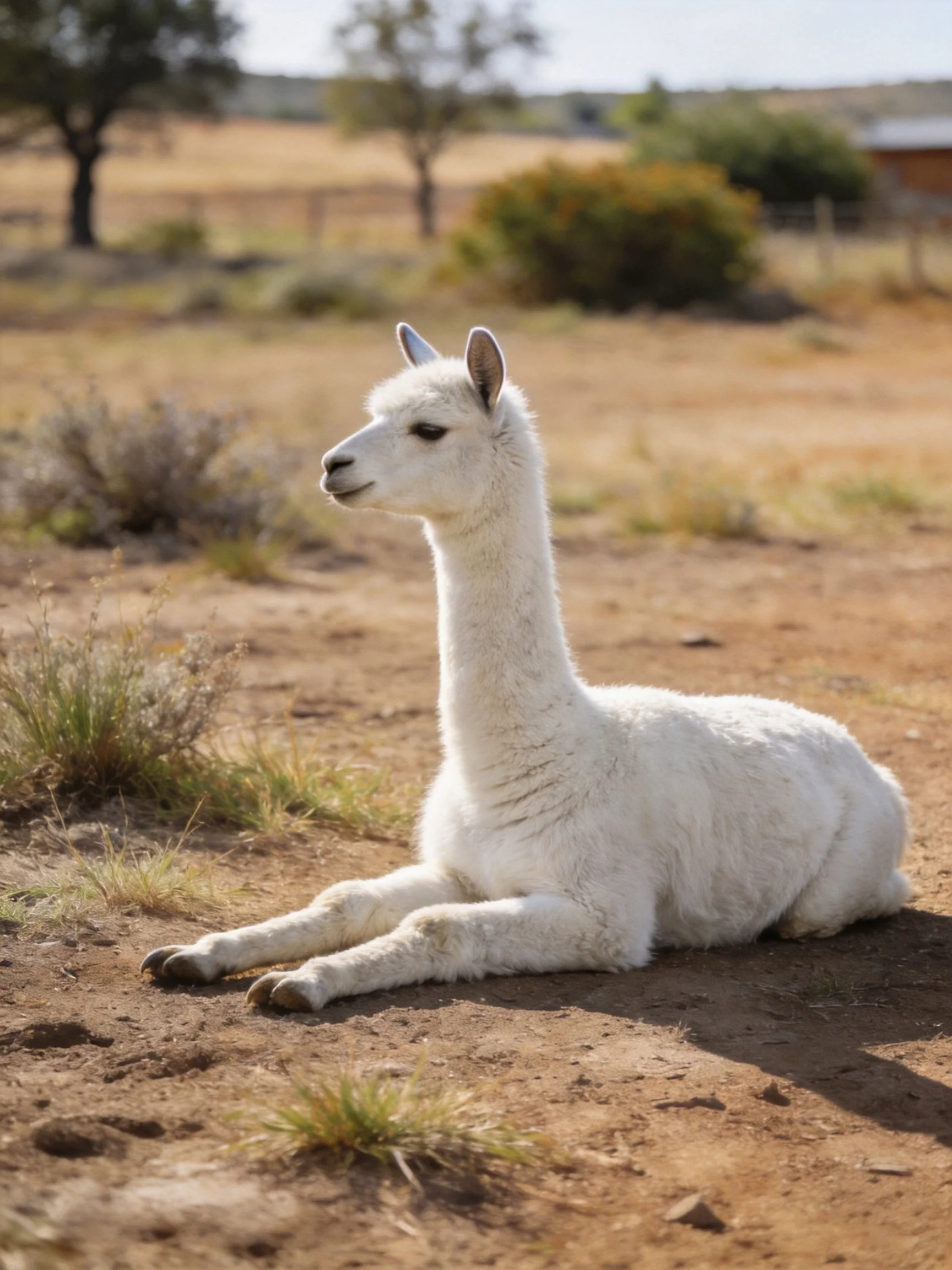 A white alpaca rests on reddish-brown earth near sparse vegetation
