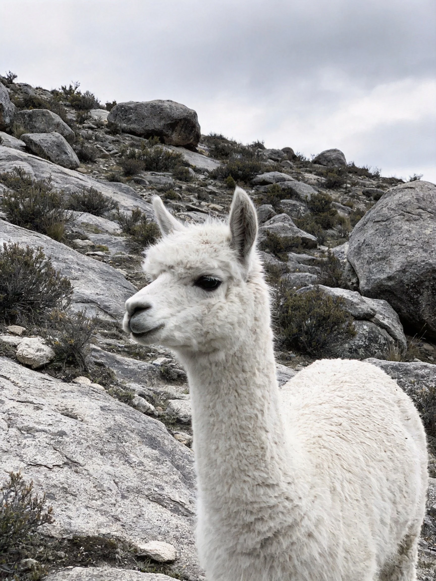 A white alpaca is near rocky terrain with sparse bushes.