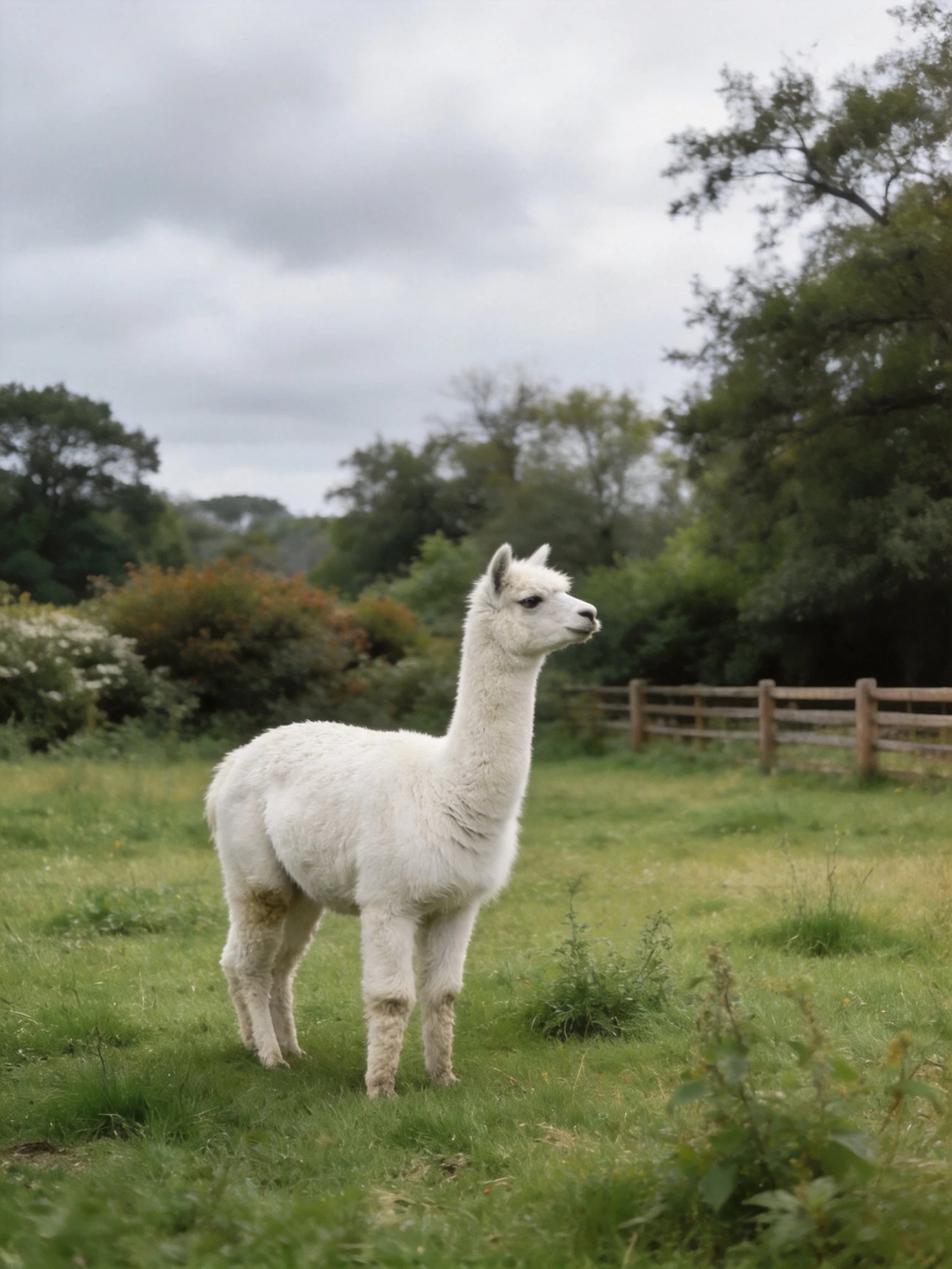 A white alpaca stands in a green pasture near trees and a wooden fence.