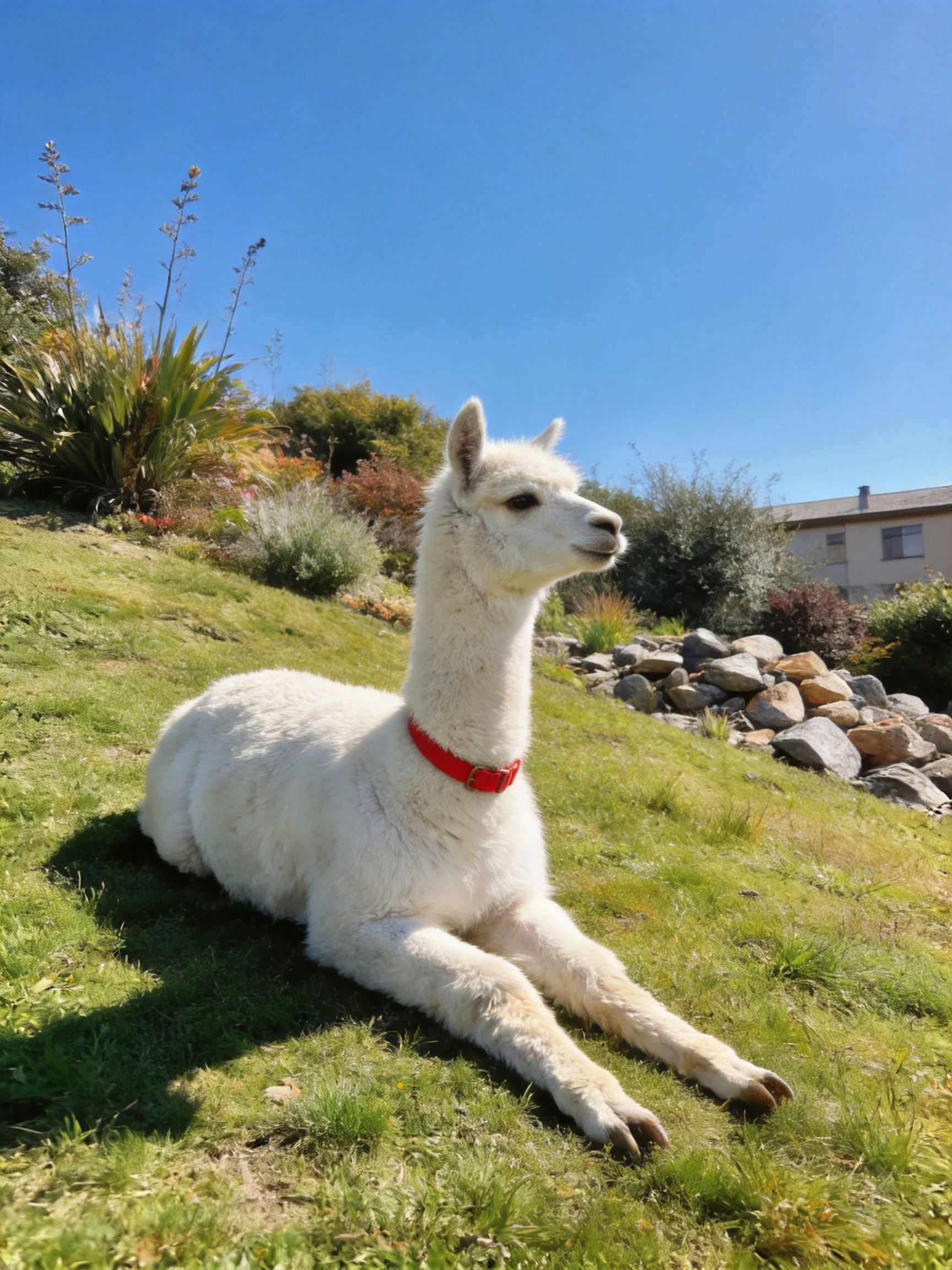 A white alpaca with a red collar rests on a grassy hillside