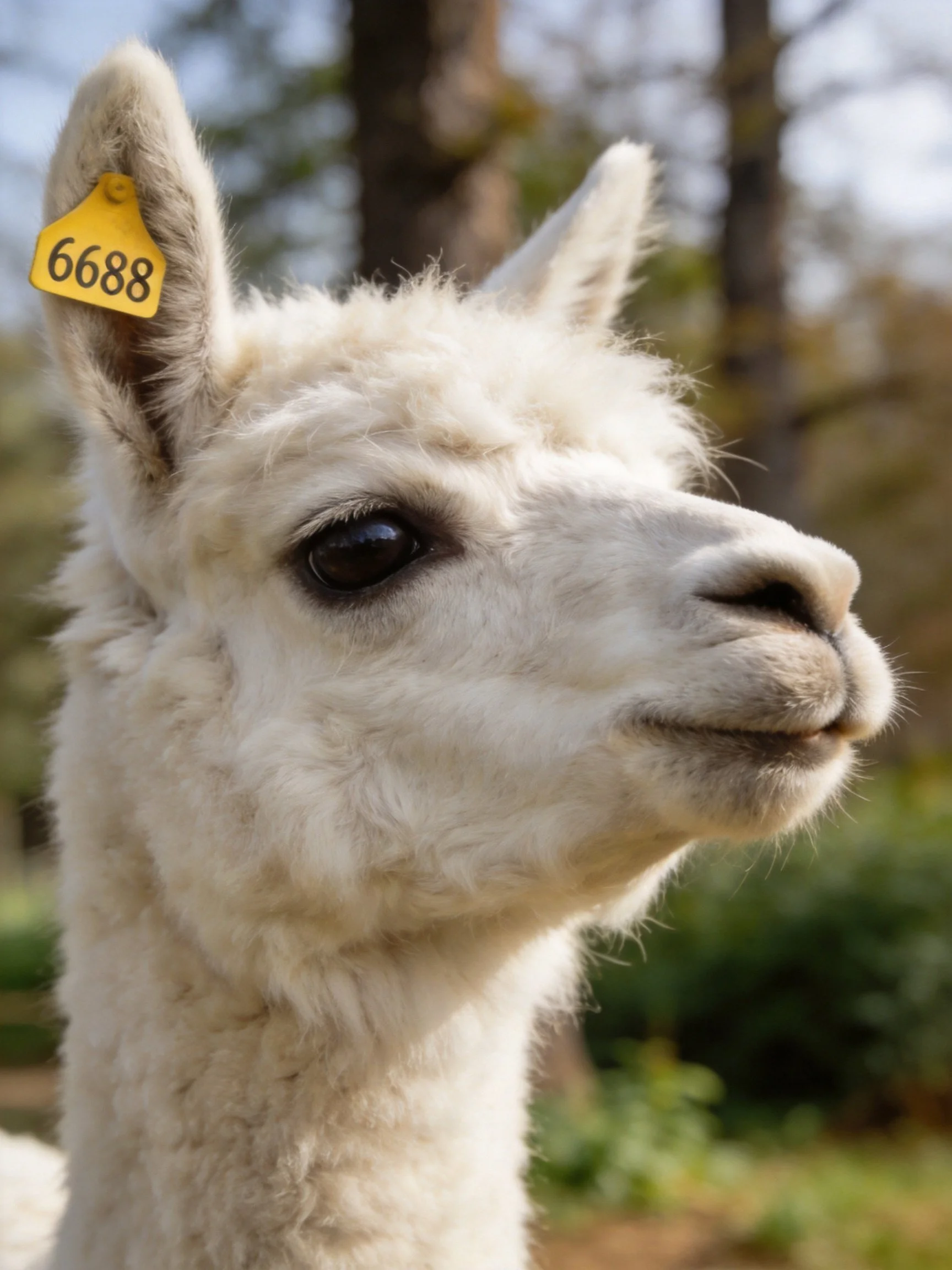A white alpaca with a yellow numbered ear tag in an outdoor setting